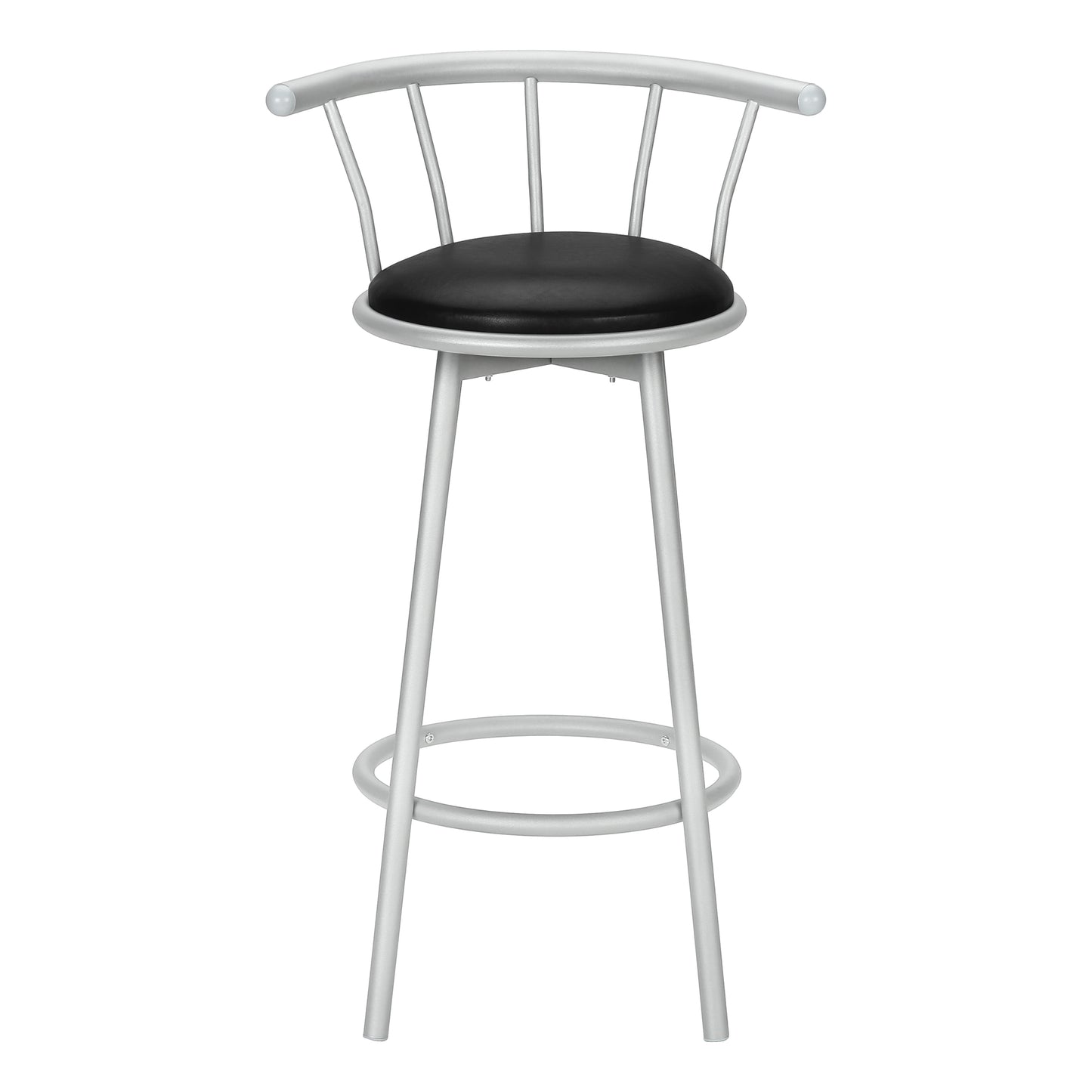 Silver metal bar stool with black padded seat and curved backrest