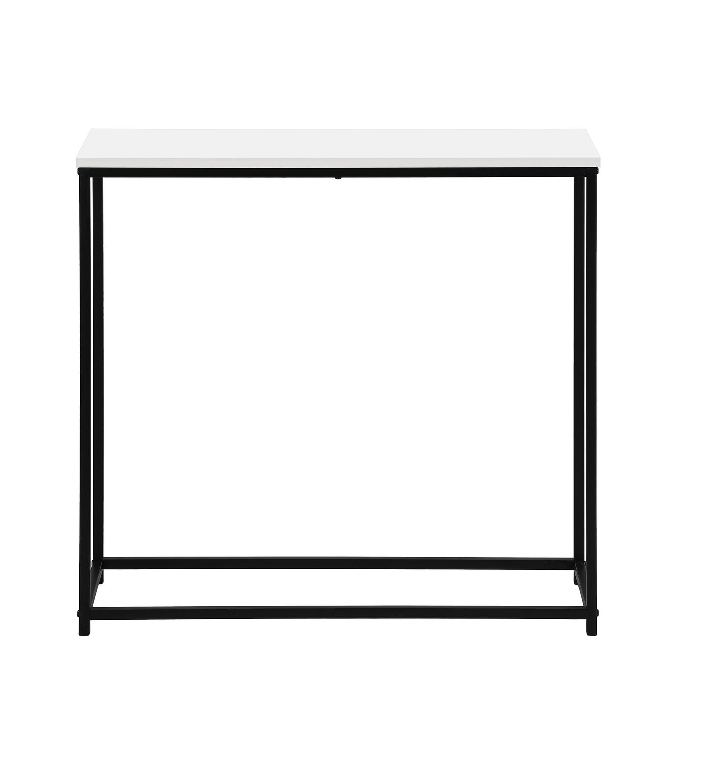 Sleek white top console table with matte black metal frame and legs