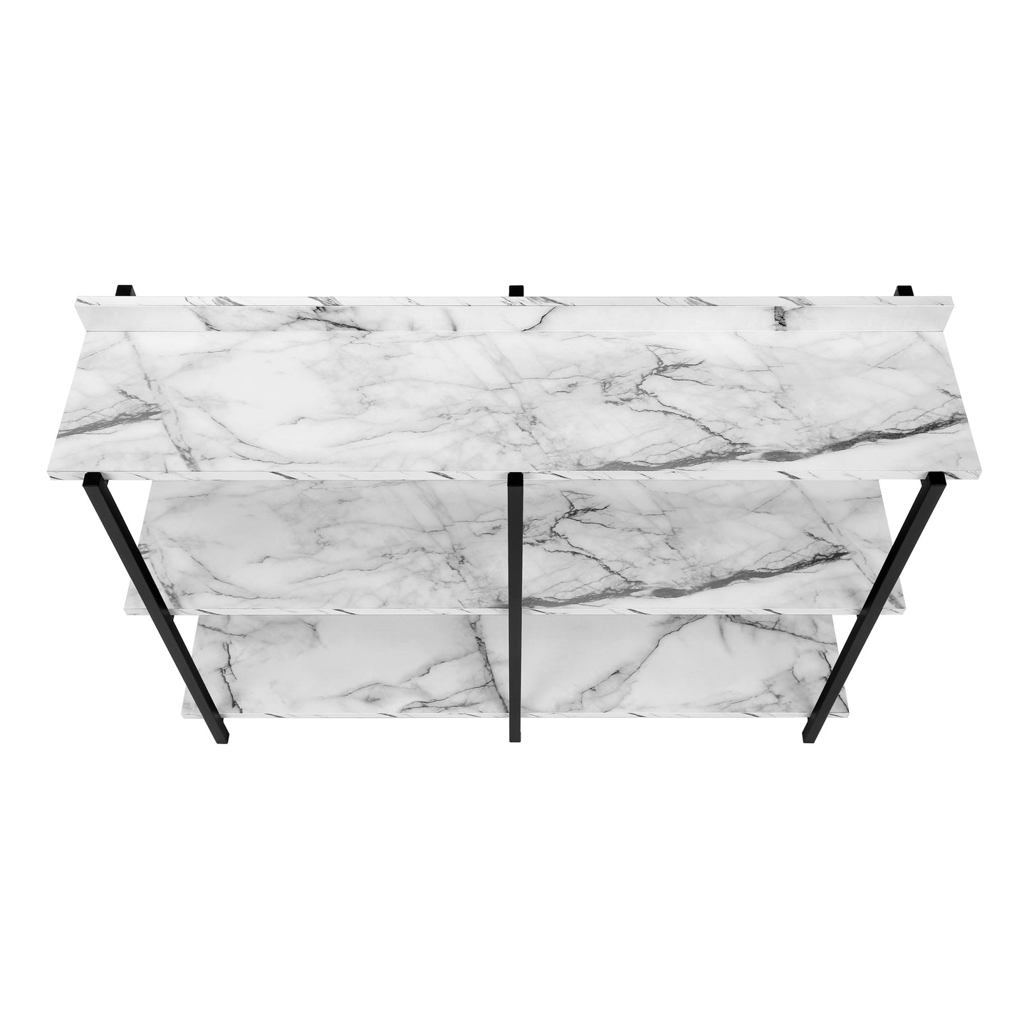 Modern white marble finish media console with three shelves and black metal frame