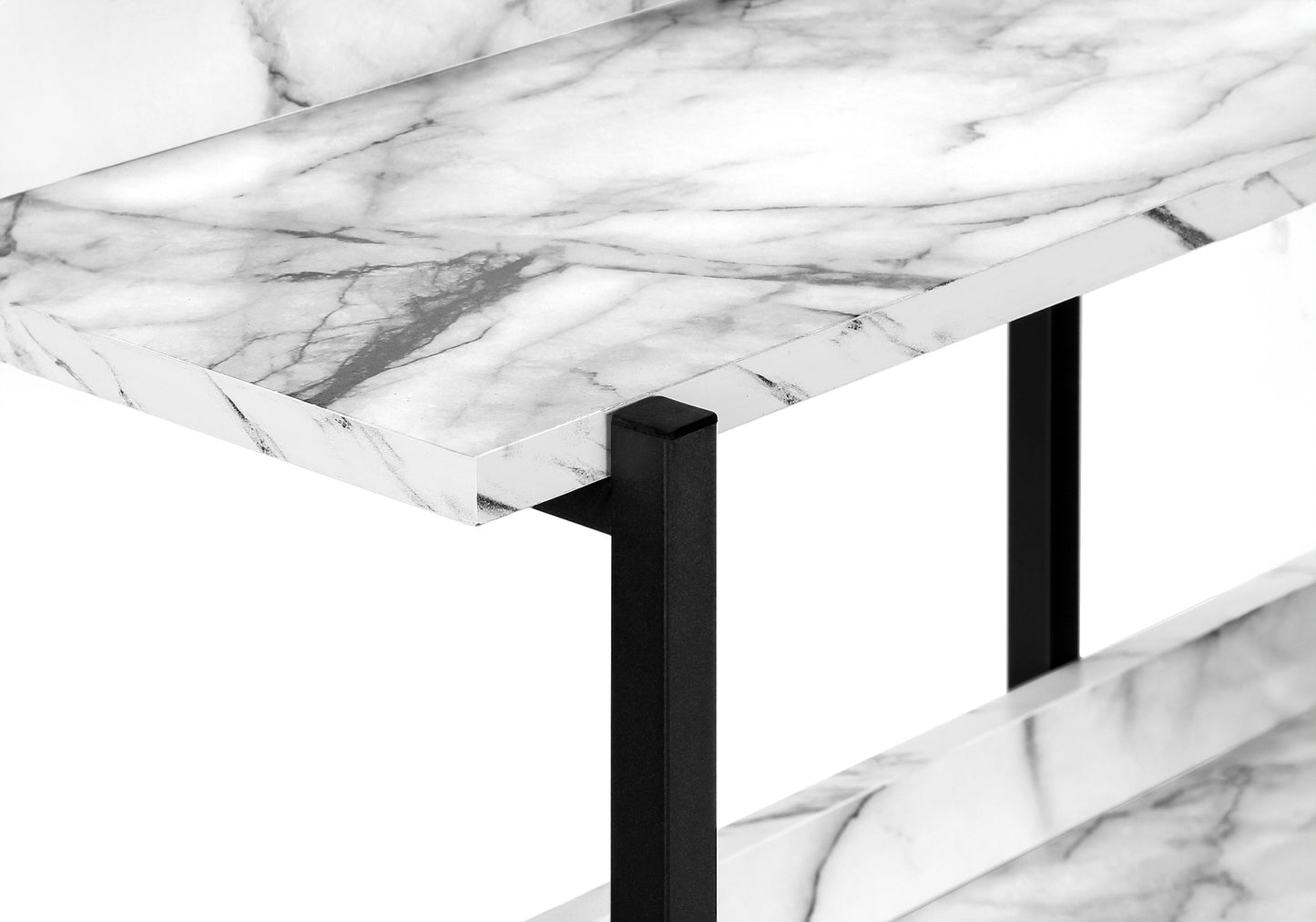 Close up of a white marble shelf with black metal frame support