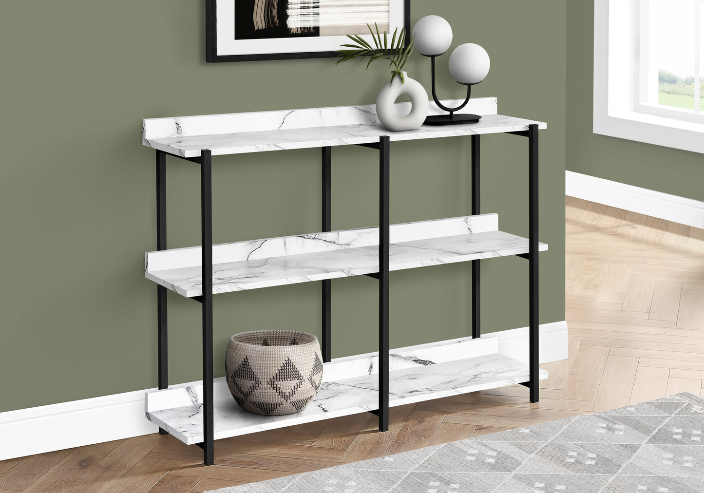 White marble console table with three shelves and black metal legs