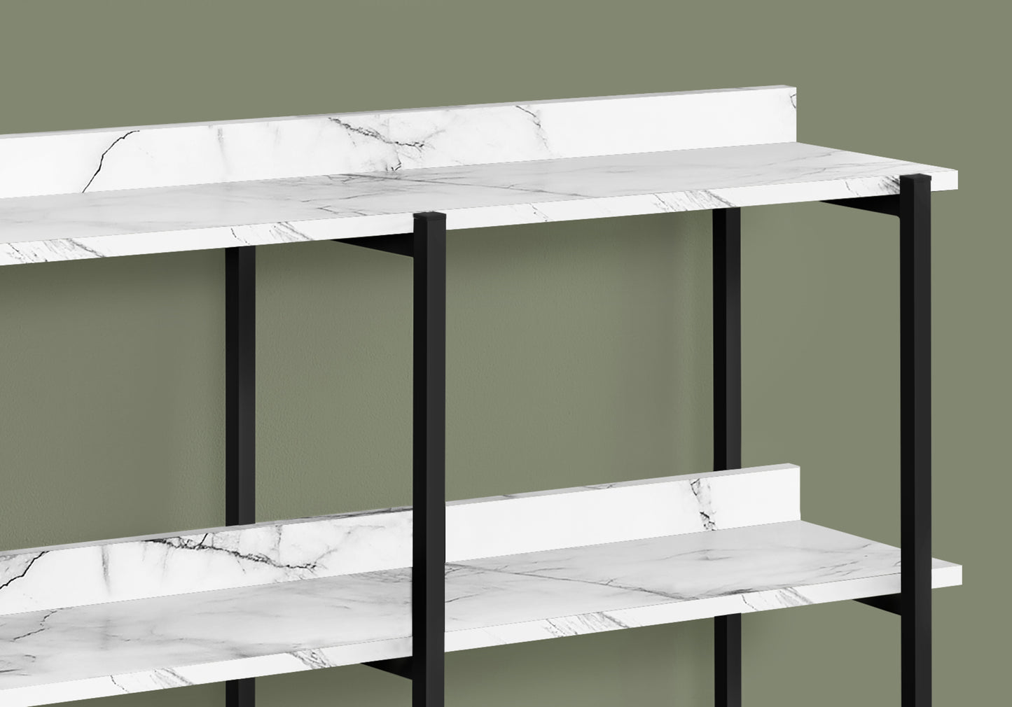 Modern floating bookshelf with white marble shelves and black metal frame