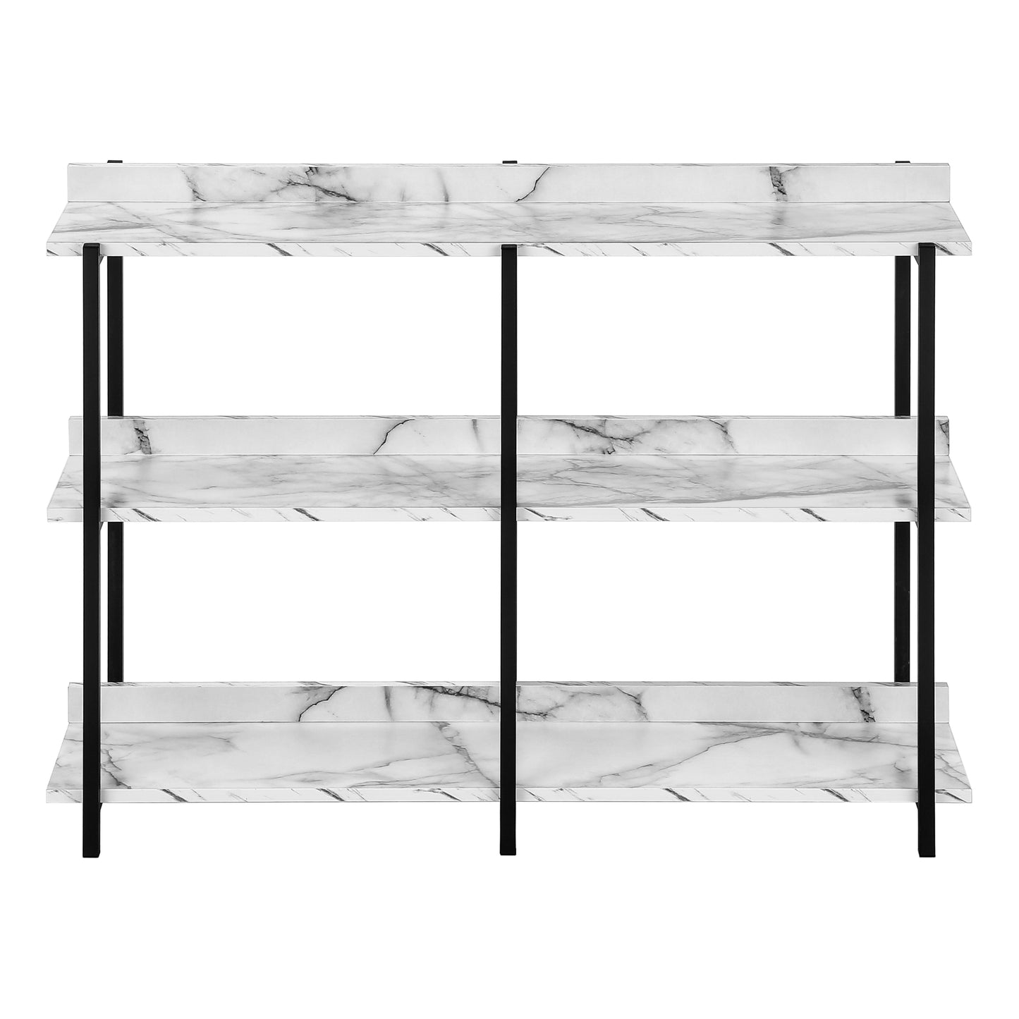 Modern marble effect threetier shelving unit with black metal frame ideal for home organization