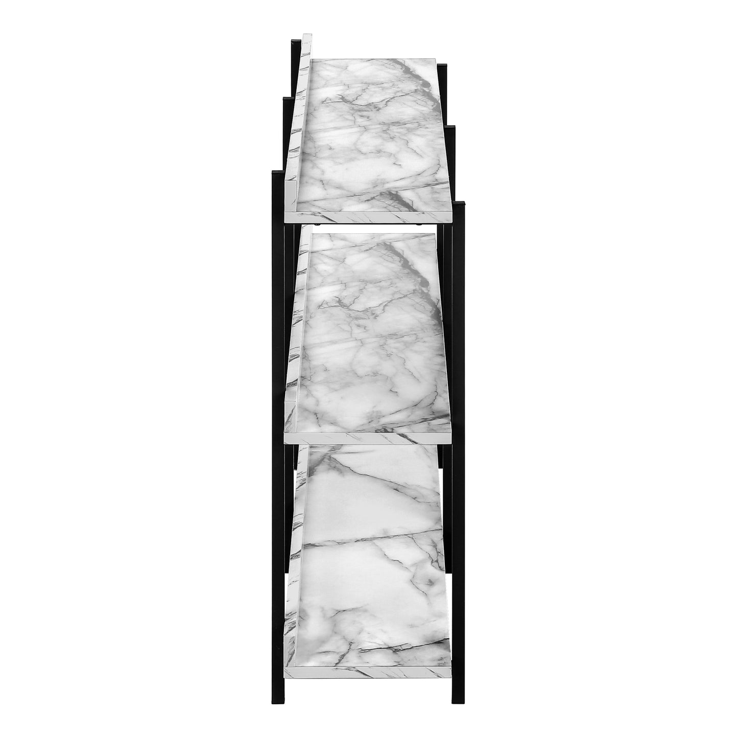Modern black metal shelf unit with white marble effect shelves