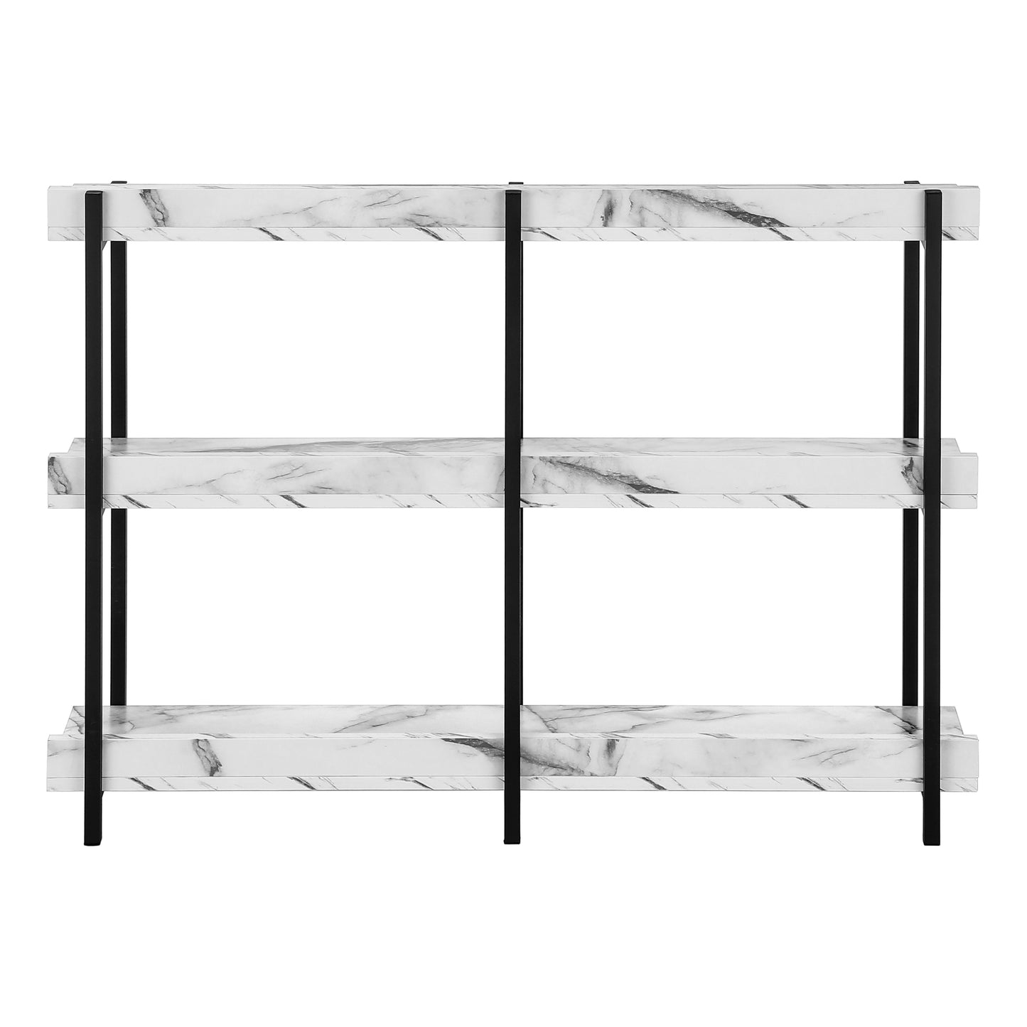 Modern white marble effect console table with black metal frame three shelves