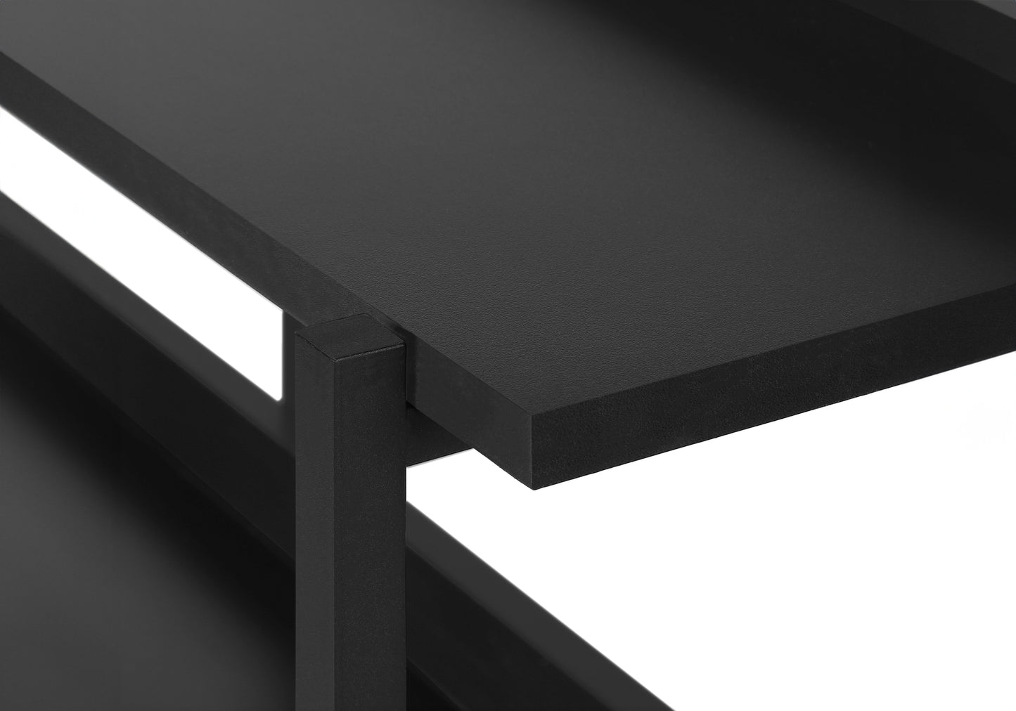 Close up of black textured shelf edge with metal frame support