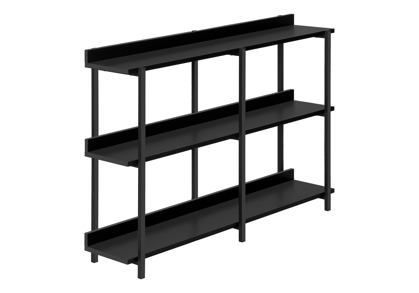 Sleek black metal shelving unit with three tiered shelves perfect for modern home decor