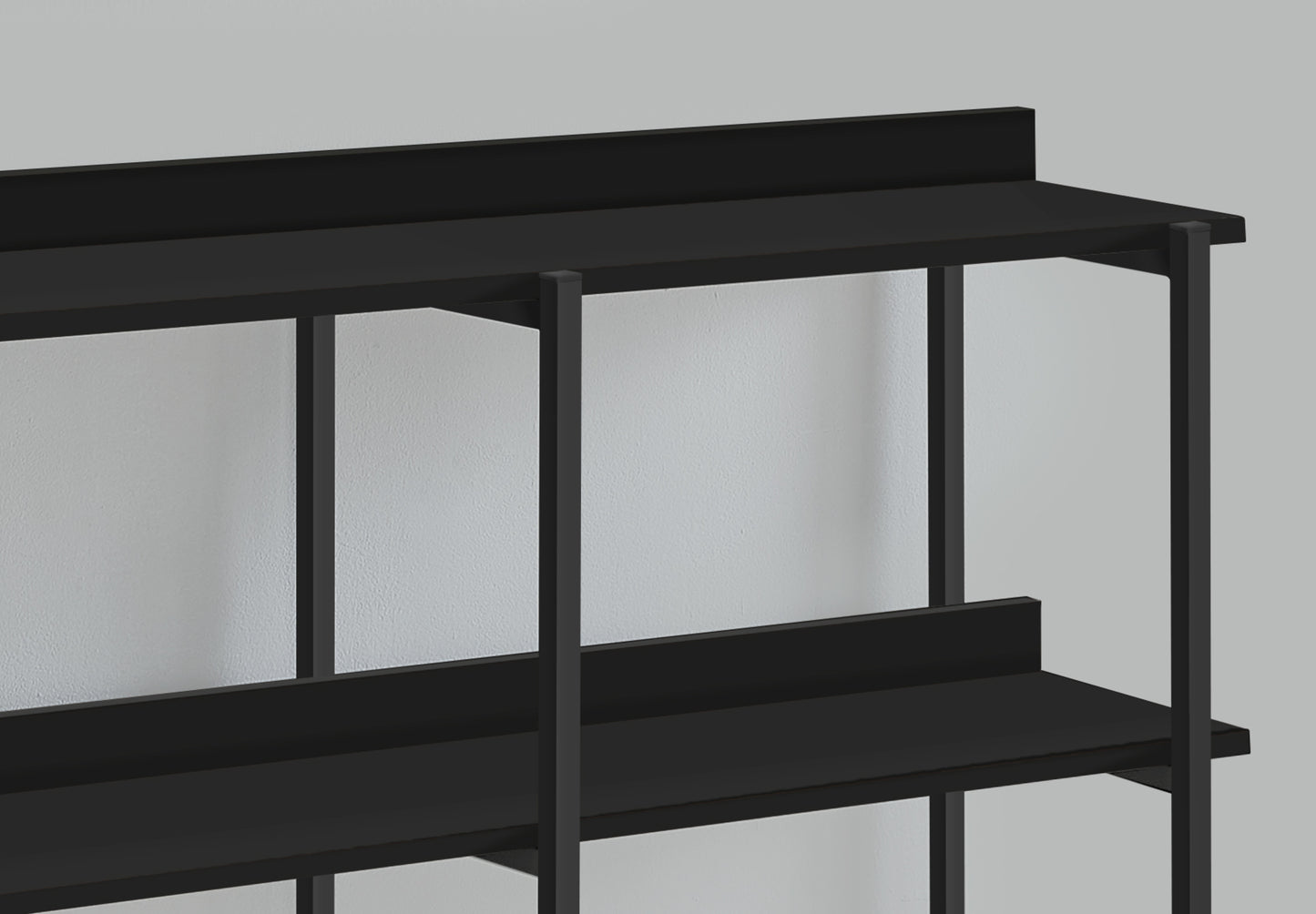 Modern black metal shelving unit showcasing clean lines and open storage for home or office