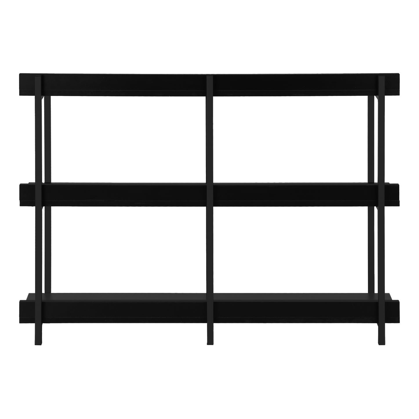 Sleek black modern bookshelf with three open shelves for display and storage