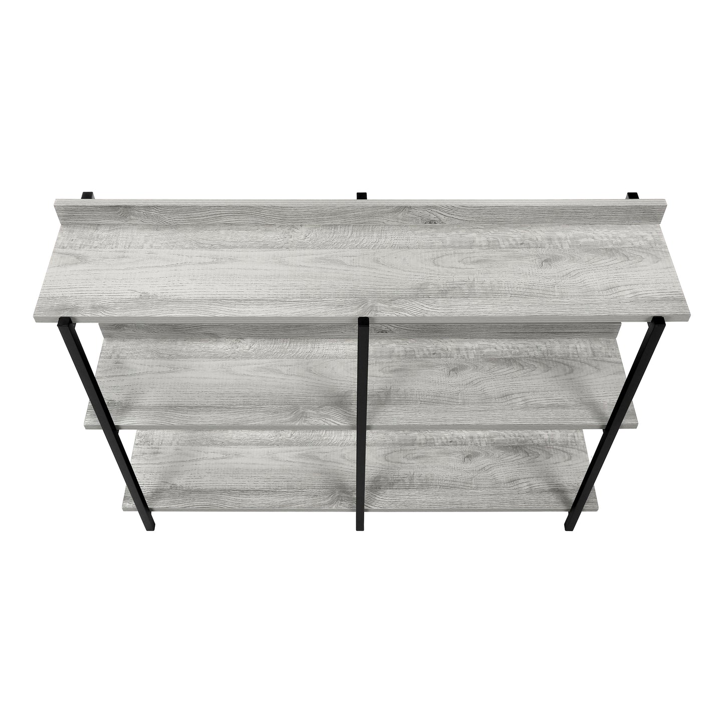 Modern threeshelf bookcase with a rustic grey wood finish and black metal frame