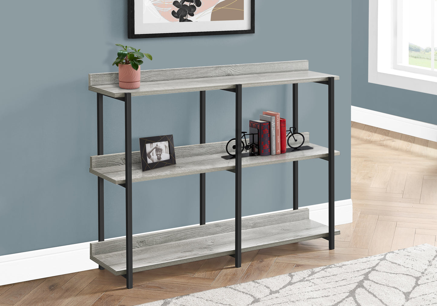 Threetier gray wood bookshelf with black metal frame for entryway organization