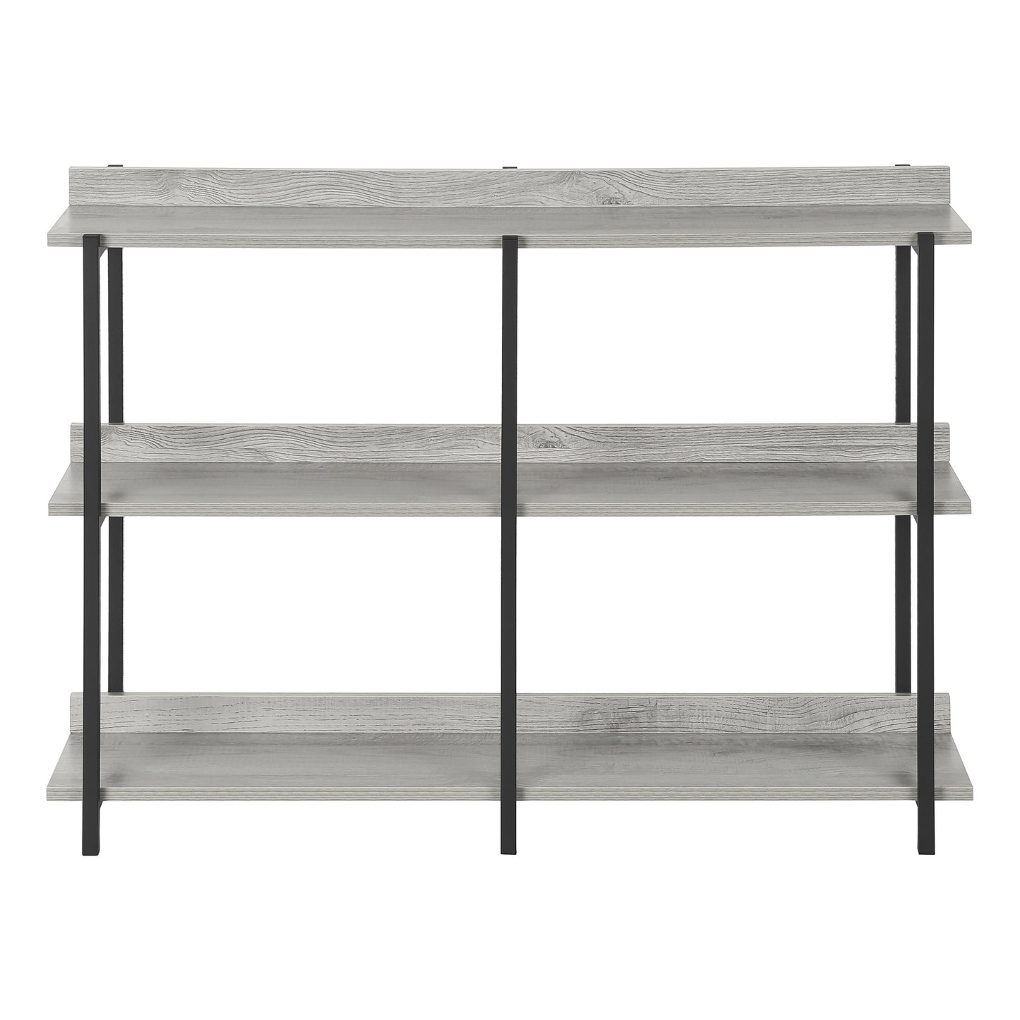 Threetier grey wood bookshelf with black metal frame modern design for home storage