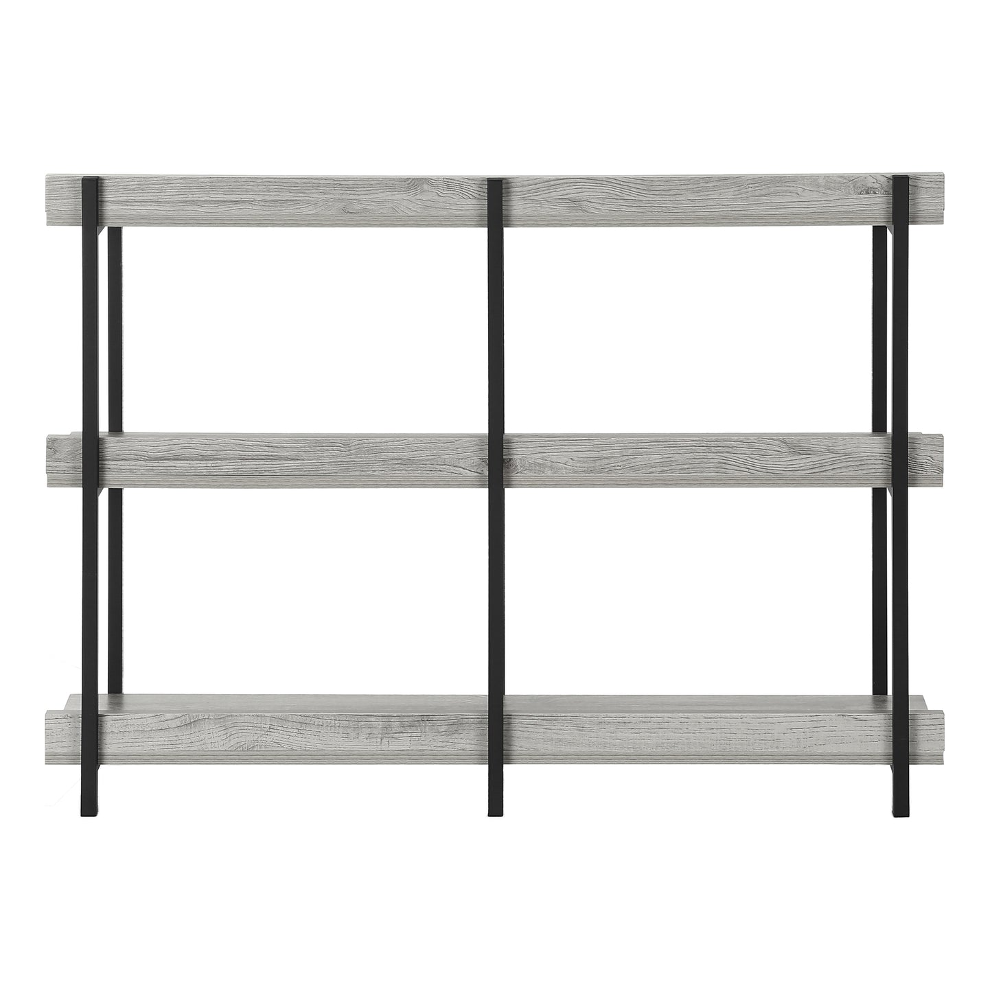 Rustic grey wood console table with black metal legs tier open shelving