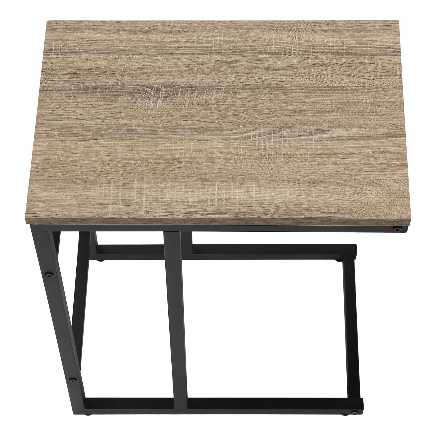 Light brown wood grain top modern Ctable with black metal frame
