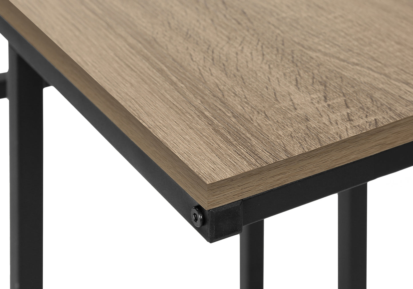 Light brown wood grain tabletop with black metal frame perfect for a modern side table
