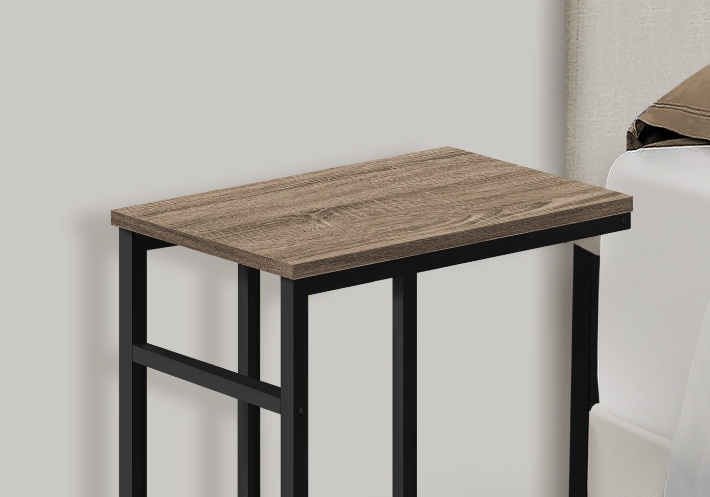 Narrow end table with wood grain top and black metal frame