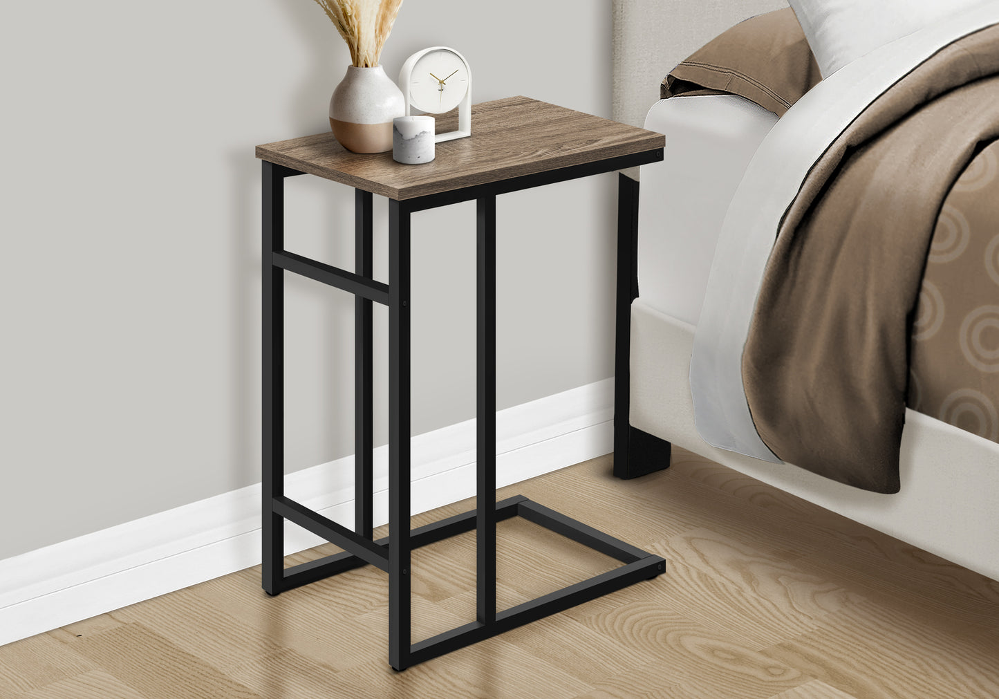 Rustic wood top C table with black metal frame ideal for small spaces
