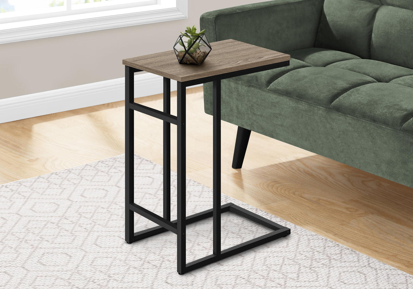 Small Cshaped end table with faux wood top and black metal frame