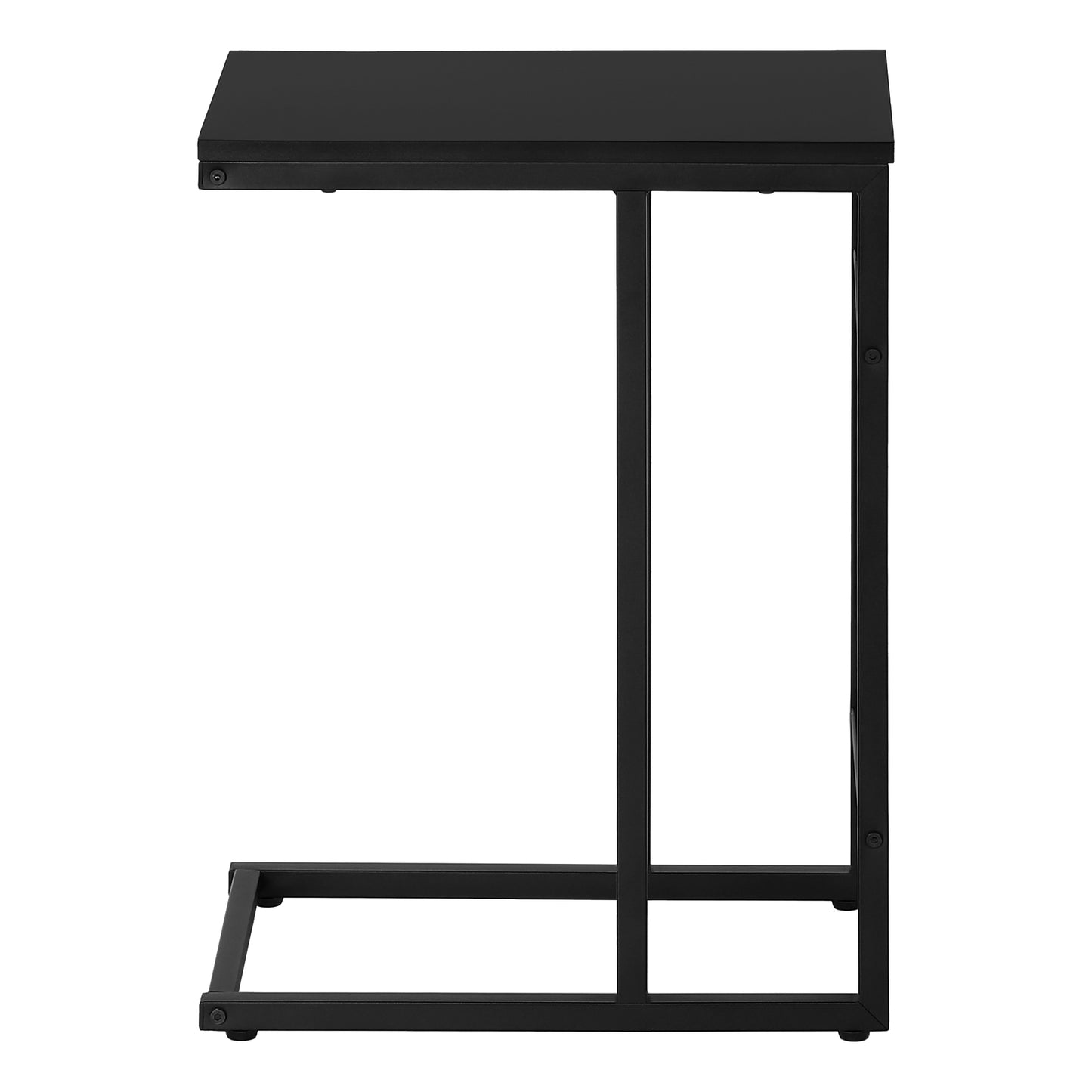 Black metal ctable with smooth top for laptop use beside a sofa