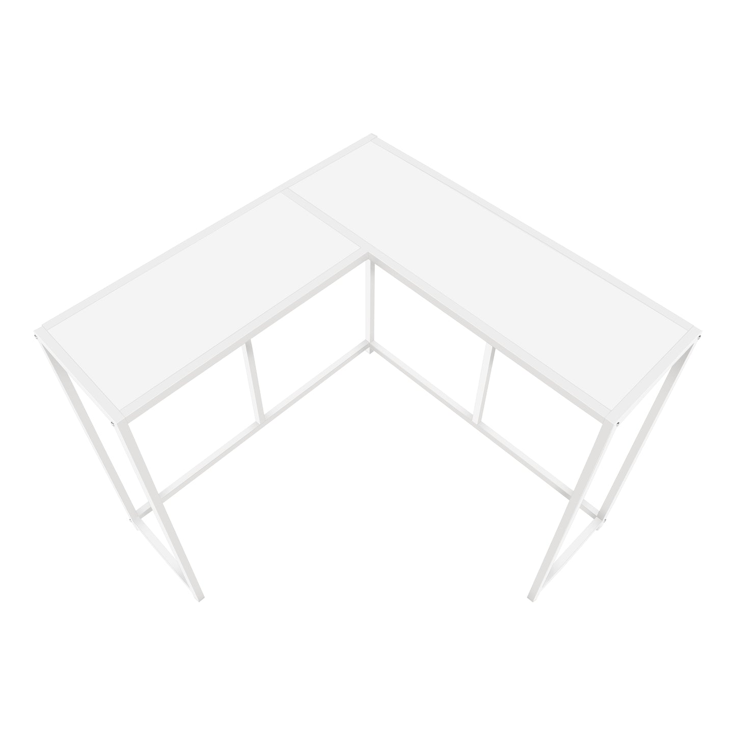 Minimalist white Lshaped desk with metal frame ideal for modern home office setups