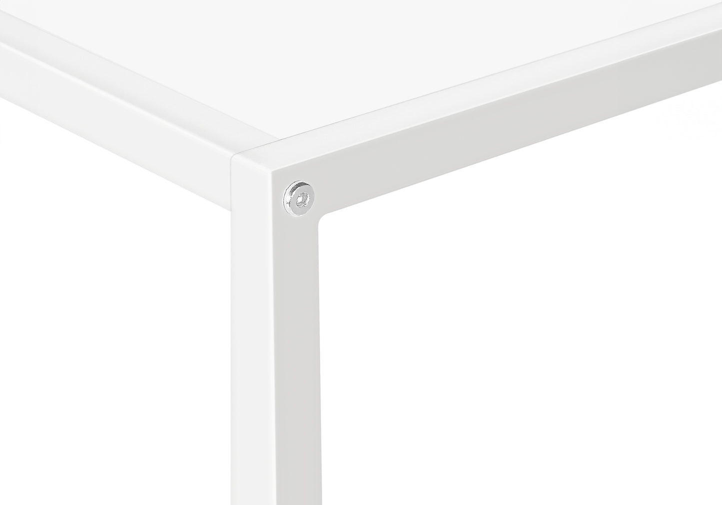 Closeup of white metal shelf corner with silver bolt detail