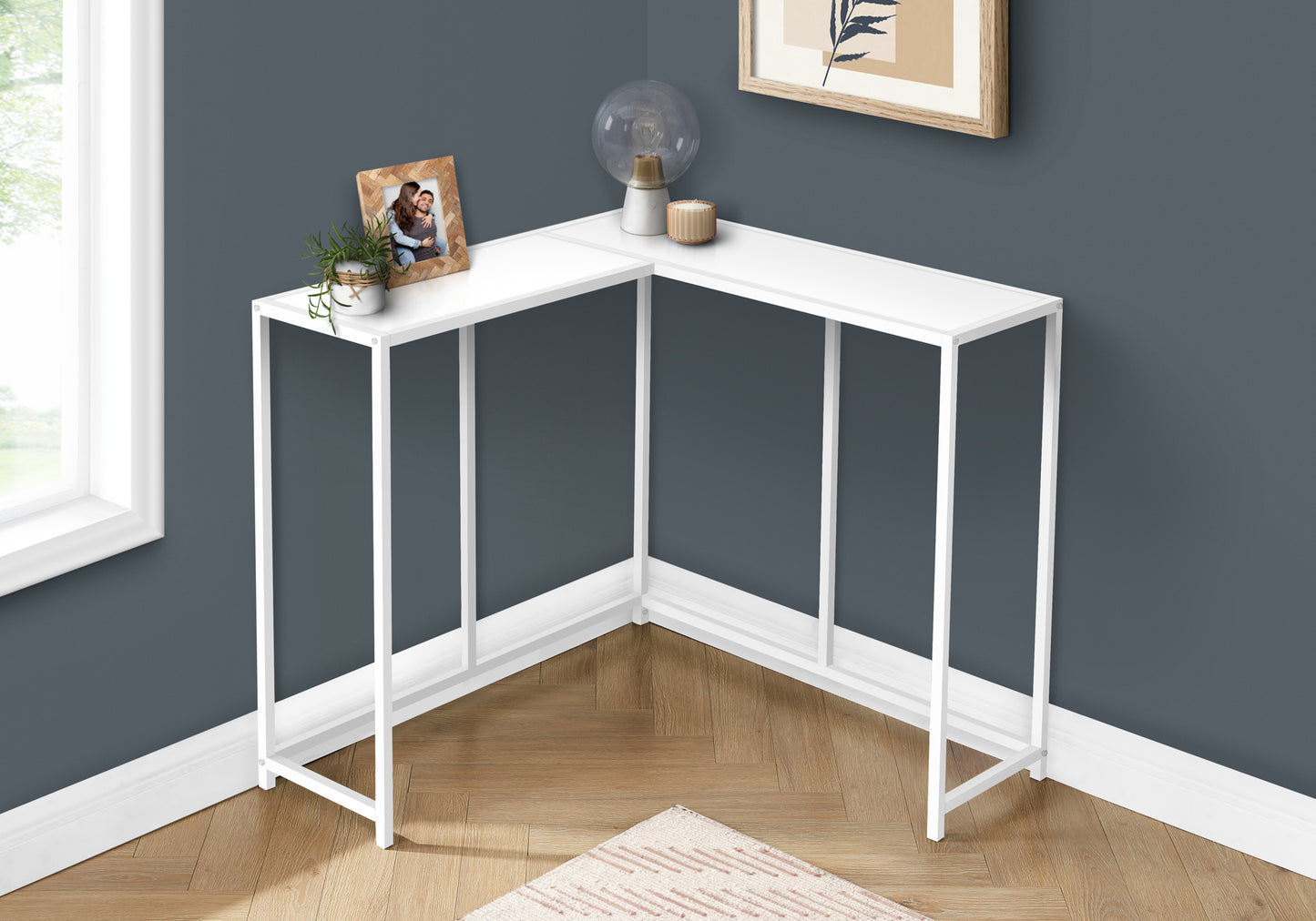 White metal Lshaped accent table with minimalist design and sleek frame