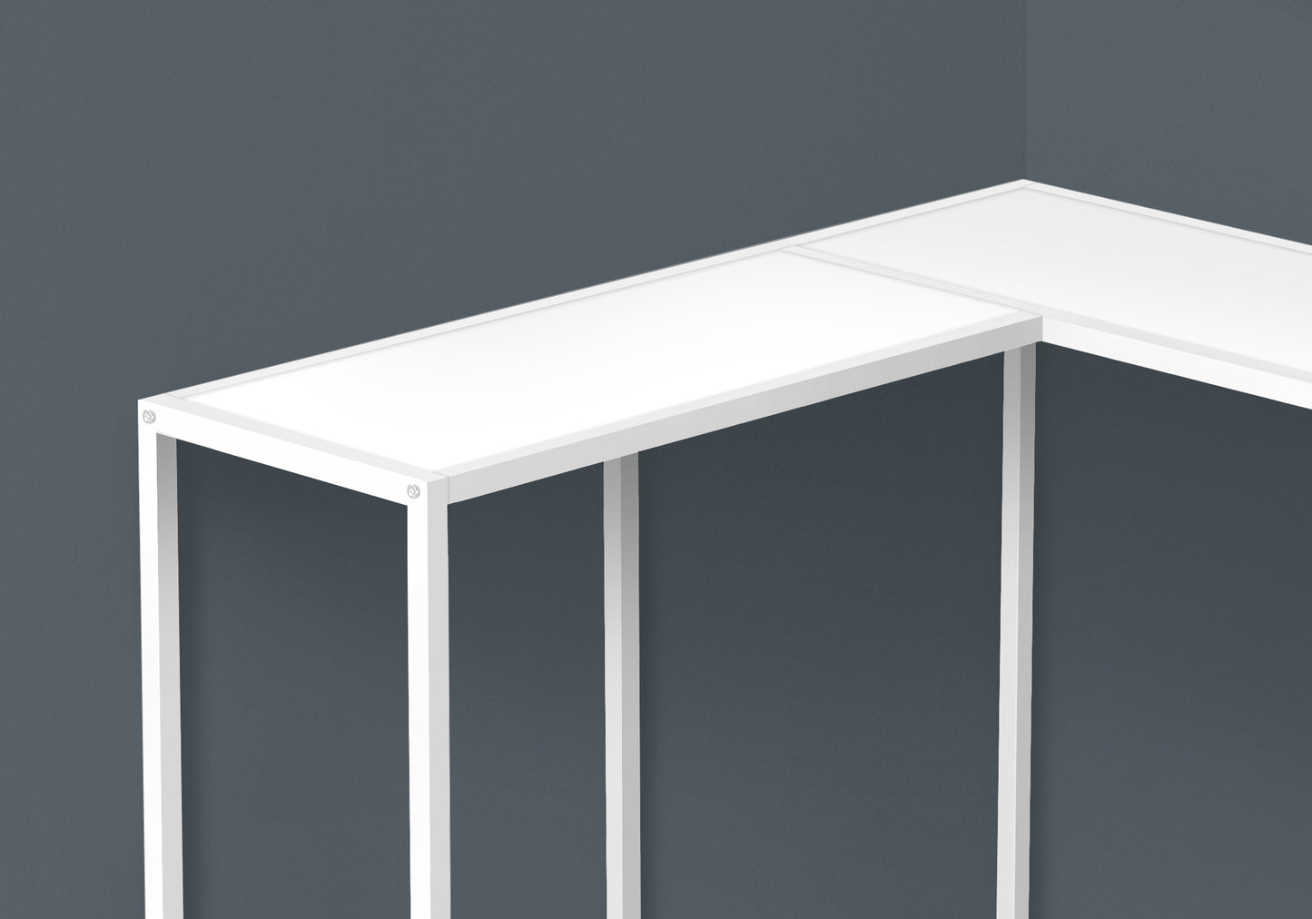 White modern Lshaped desk with minimalist metal frame ideal for home office setups