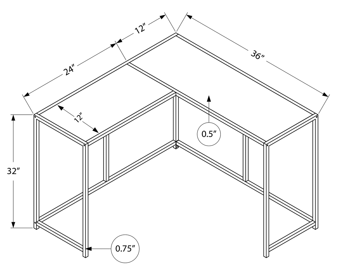 Lshaped desk diagram x top height