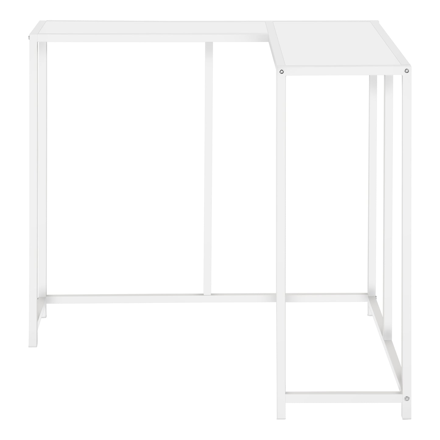 Minimalist white corner desk with sleek metal frame ideal for modern home offices