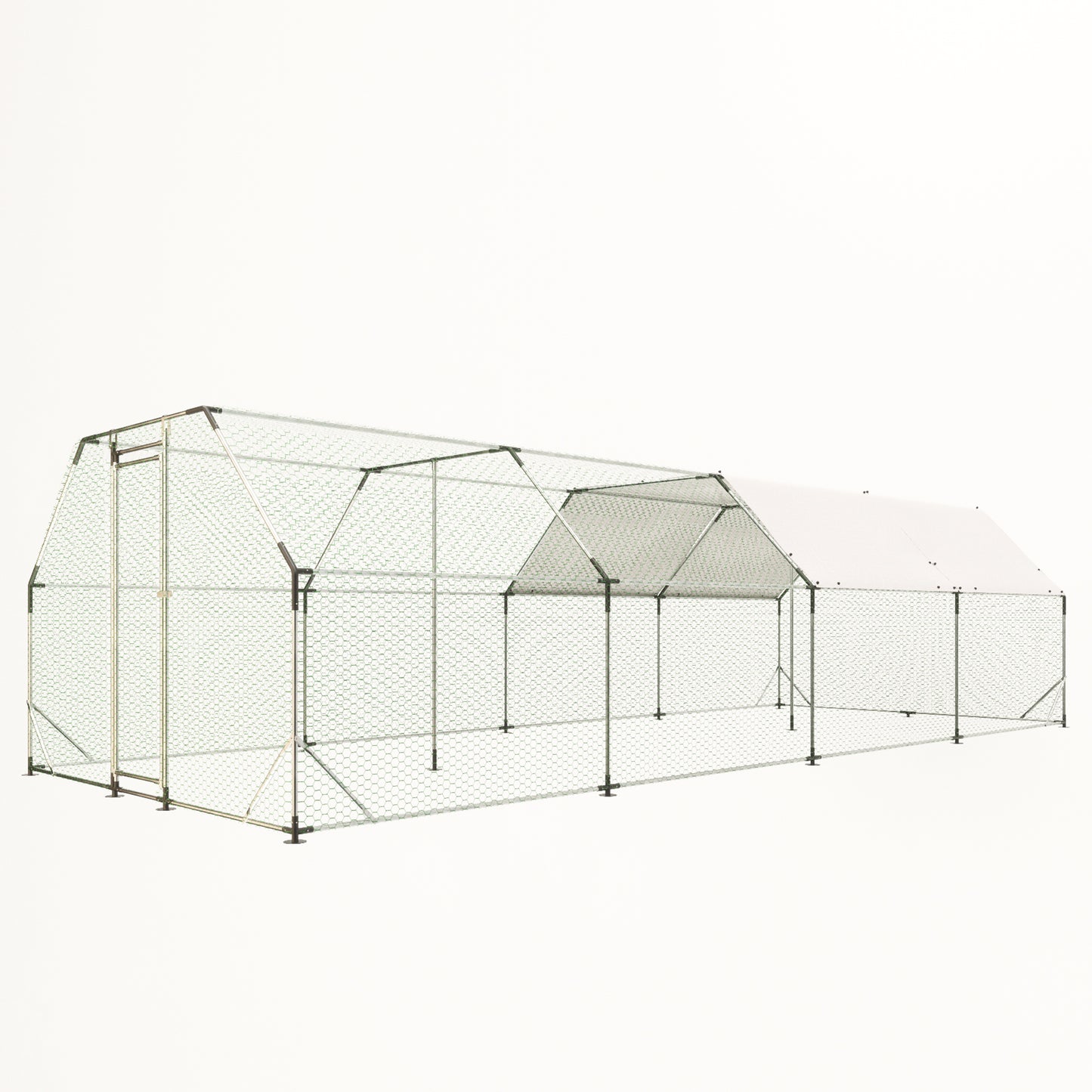 Spacious walkin chicken coop with wire mesh and a white canopy roof
