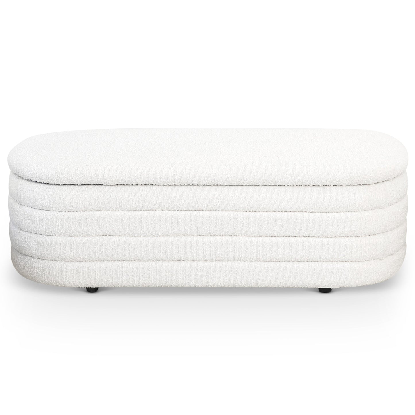 White boucle fabric storage bench with fluted side detail and rounded corners