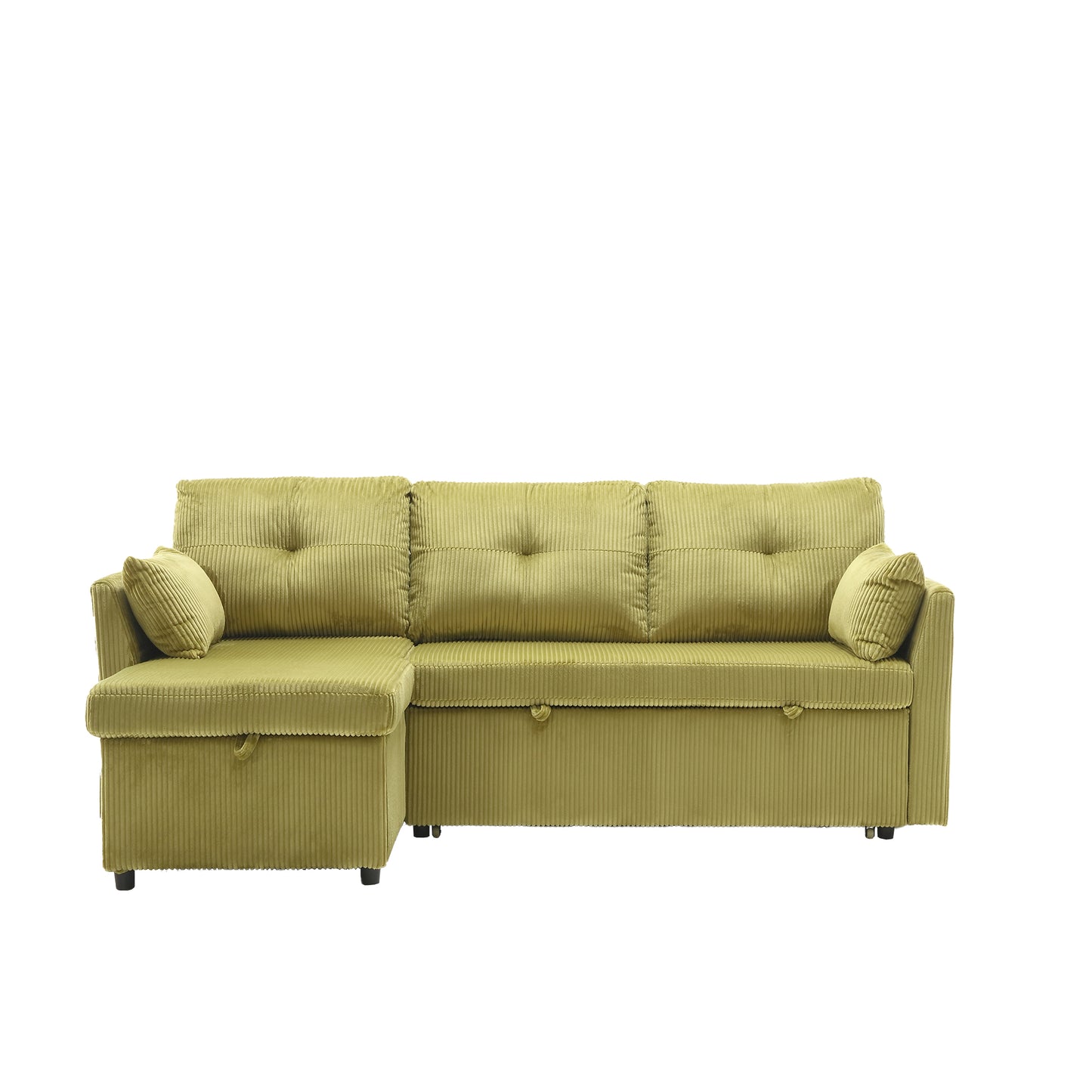 Green corduroy sectional sofa with tufted cushions and storage perfect for modern living rooms