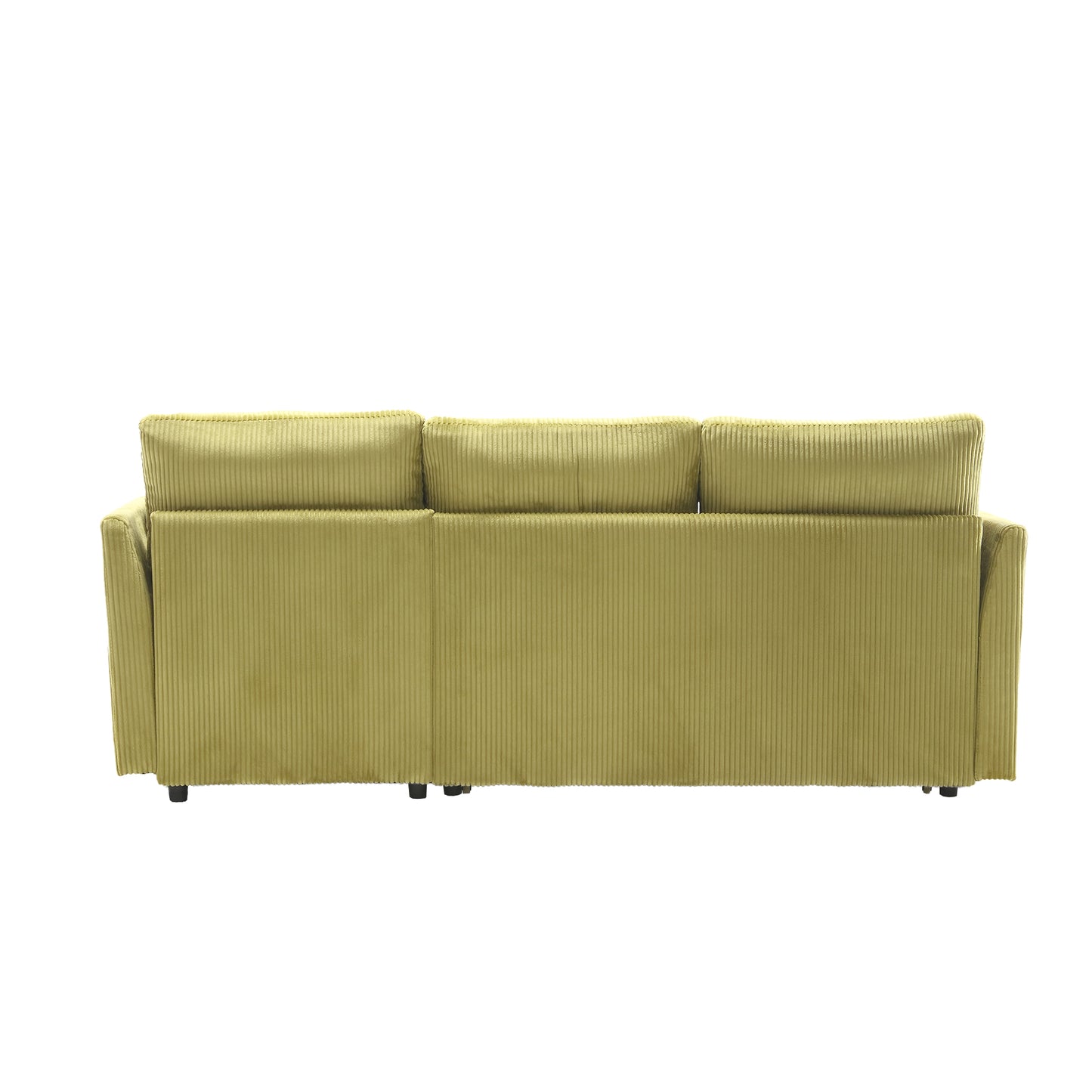 Back view of a plush green corduroy sofa with three plush cushions and dark legs