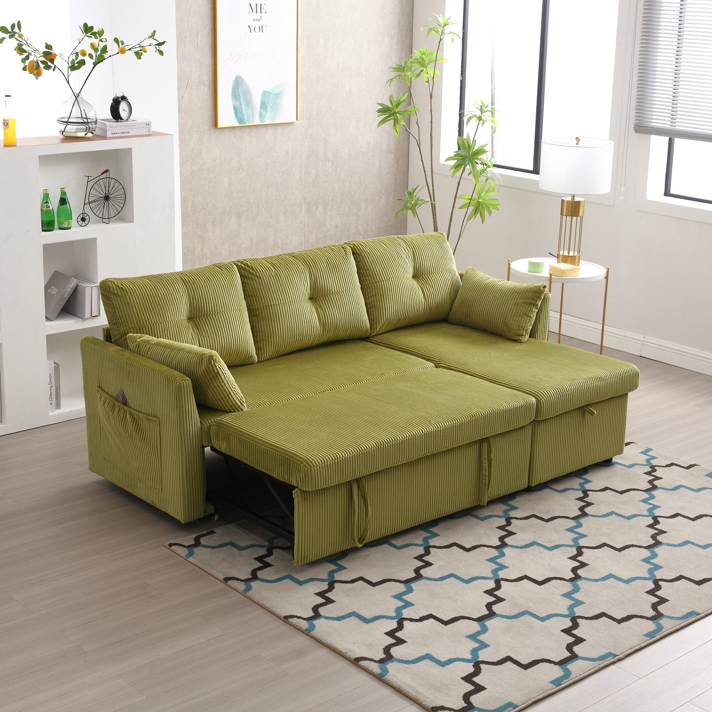 Corduroy sofa bed in lime green with tufted cushions and storage