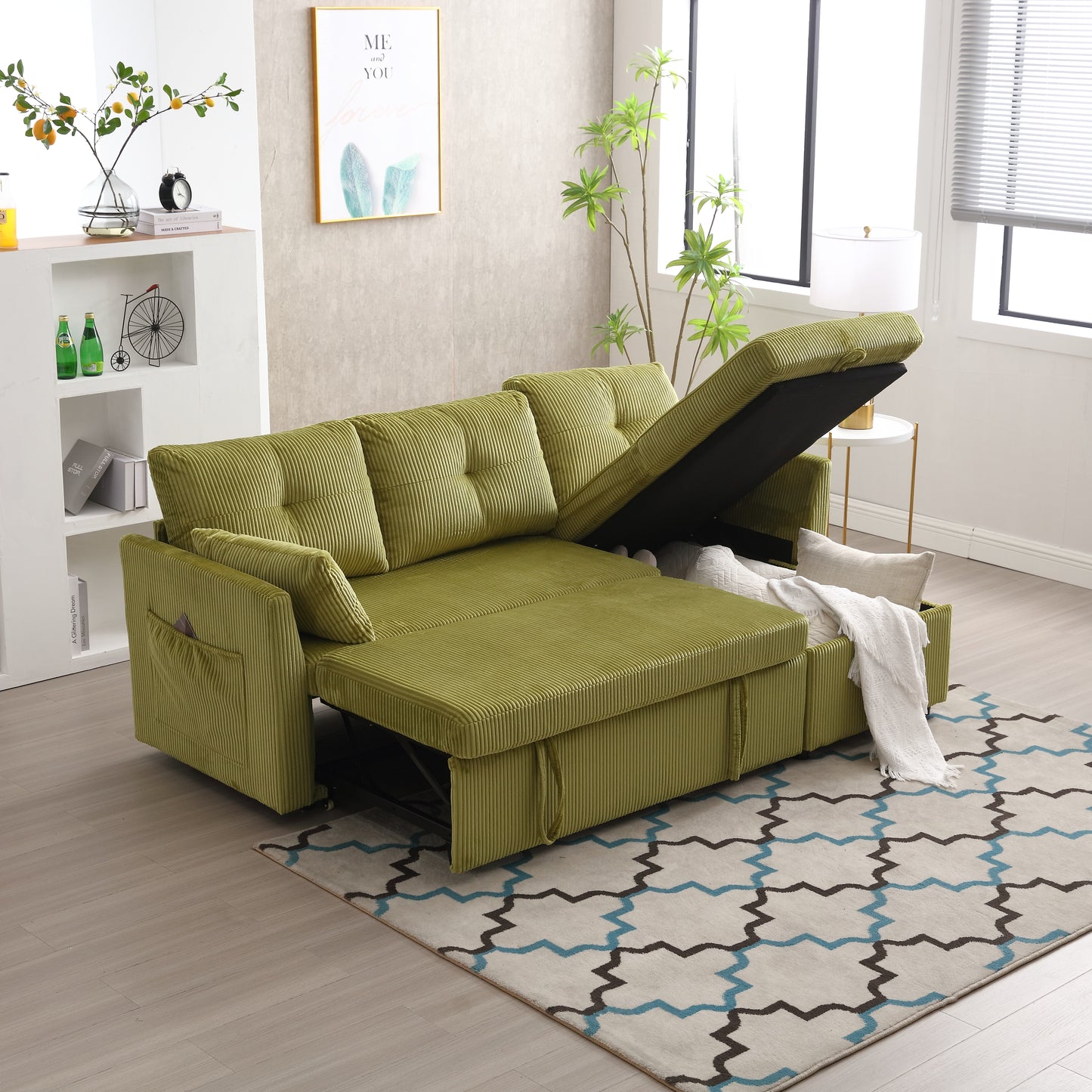 Lime green corduroy sofa bed with storage featuring tufted cushions