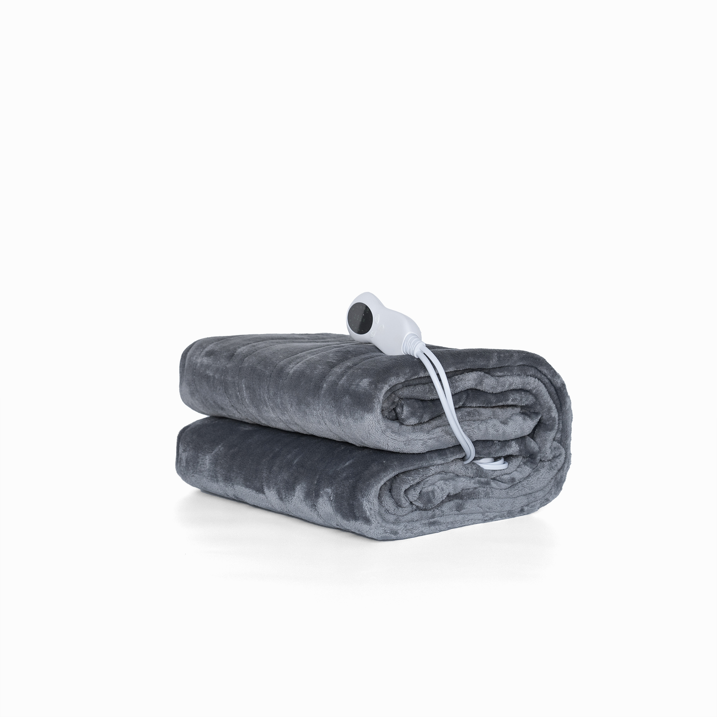 Grey plush electric heated blanket with white controller for cozy warmth