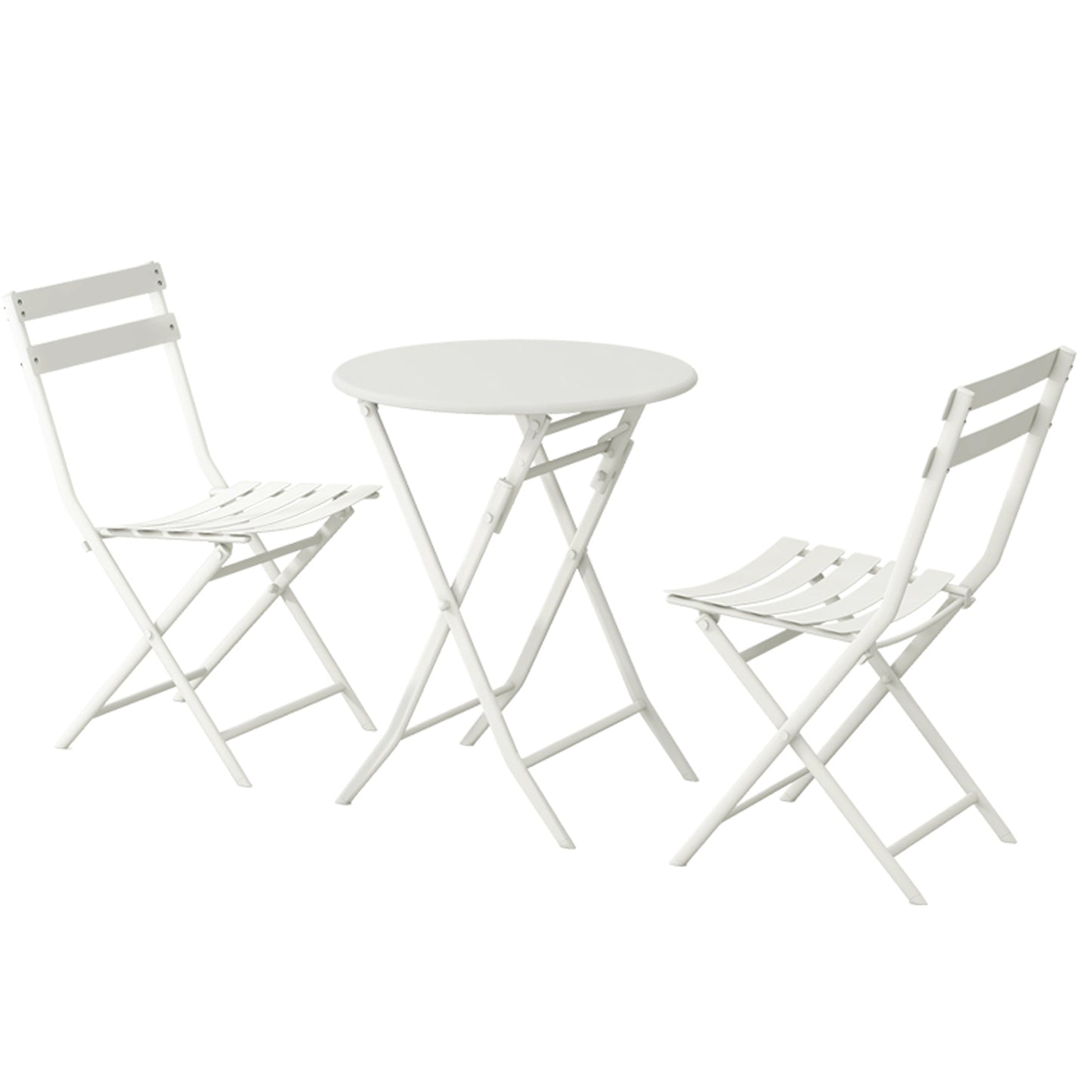 White metal folding bistro set with round table and two slatted chairs