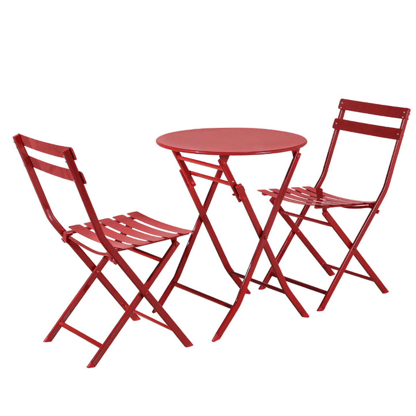 Red metal bistro set with round table and two chairs