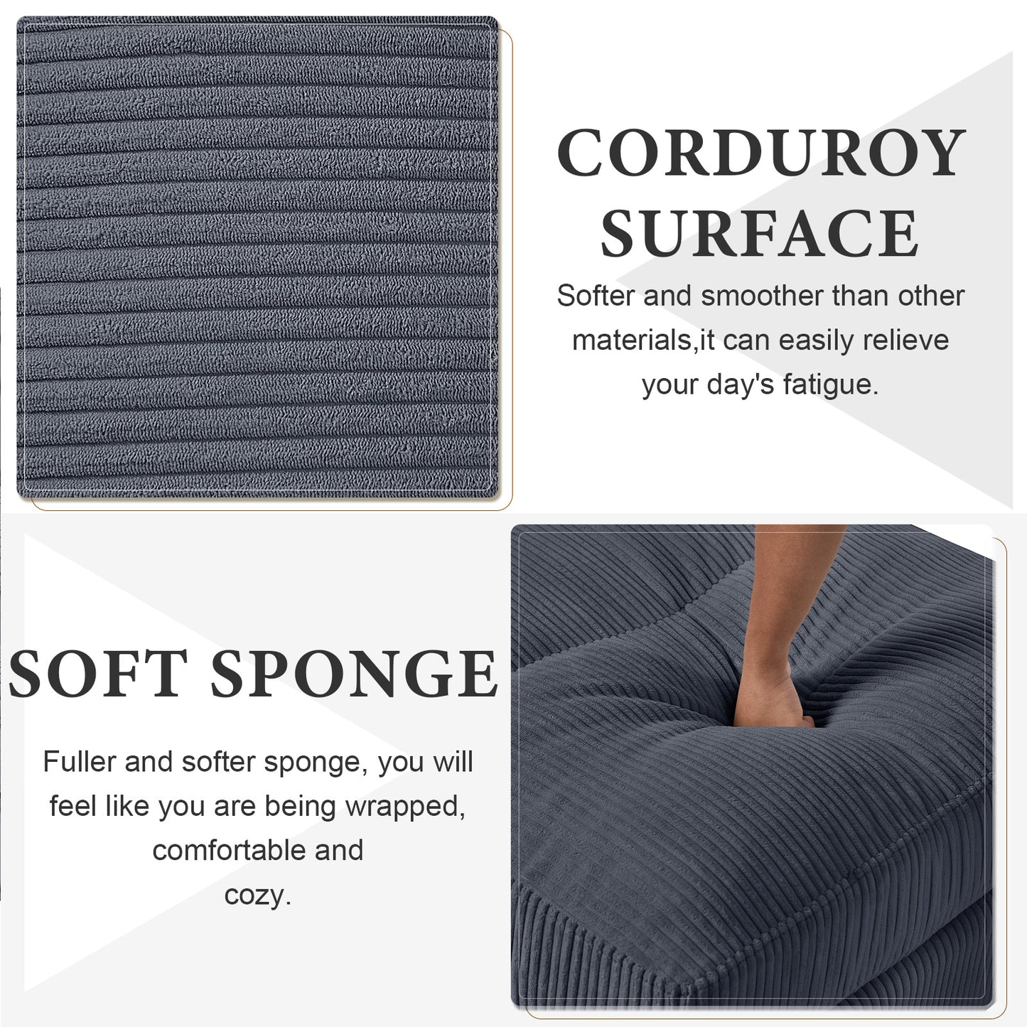 Dark gray corduroy fabric closeup showing ribbed texture perfect for upholstery