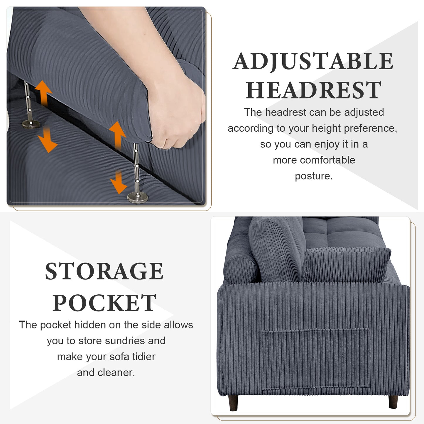 Dark gray corduroy sofa with adjustable headrest mechanism for personalized comfort