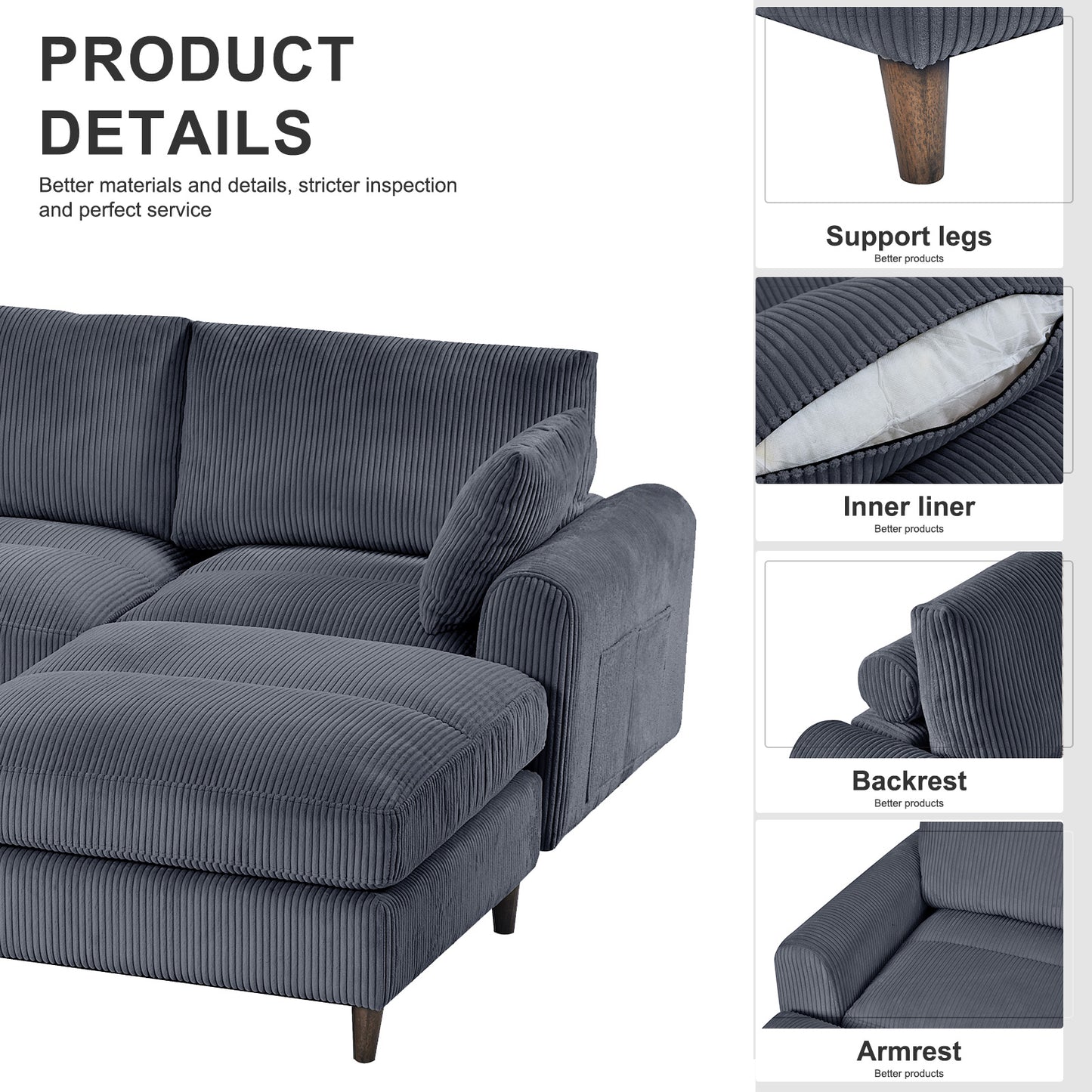 Dark gray corduroy sectional sofa with chaise plush cushions and wooden legs