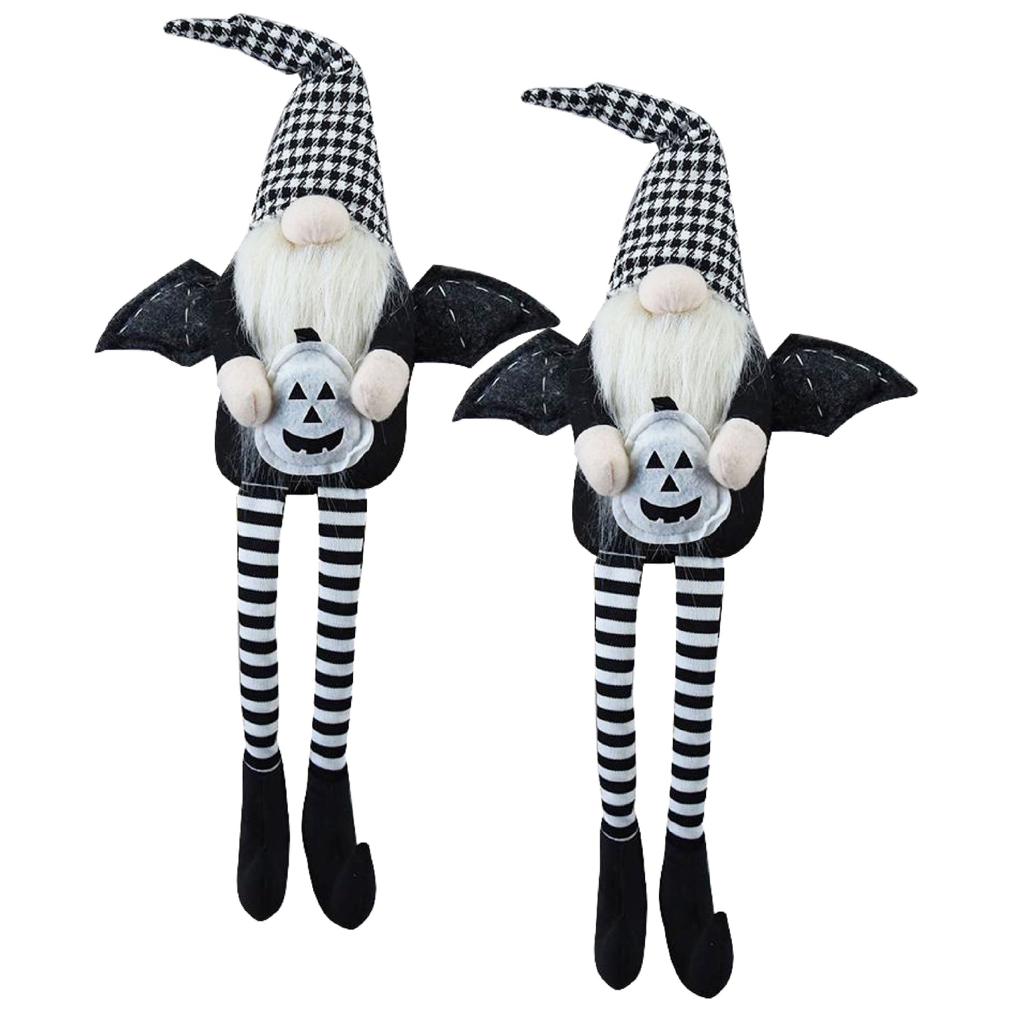 Two Halloween gnomes with bat wings and pumpkin decorations ideal for holiday decor