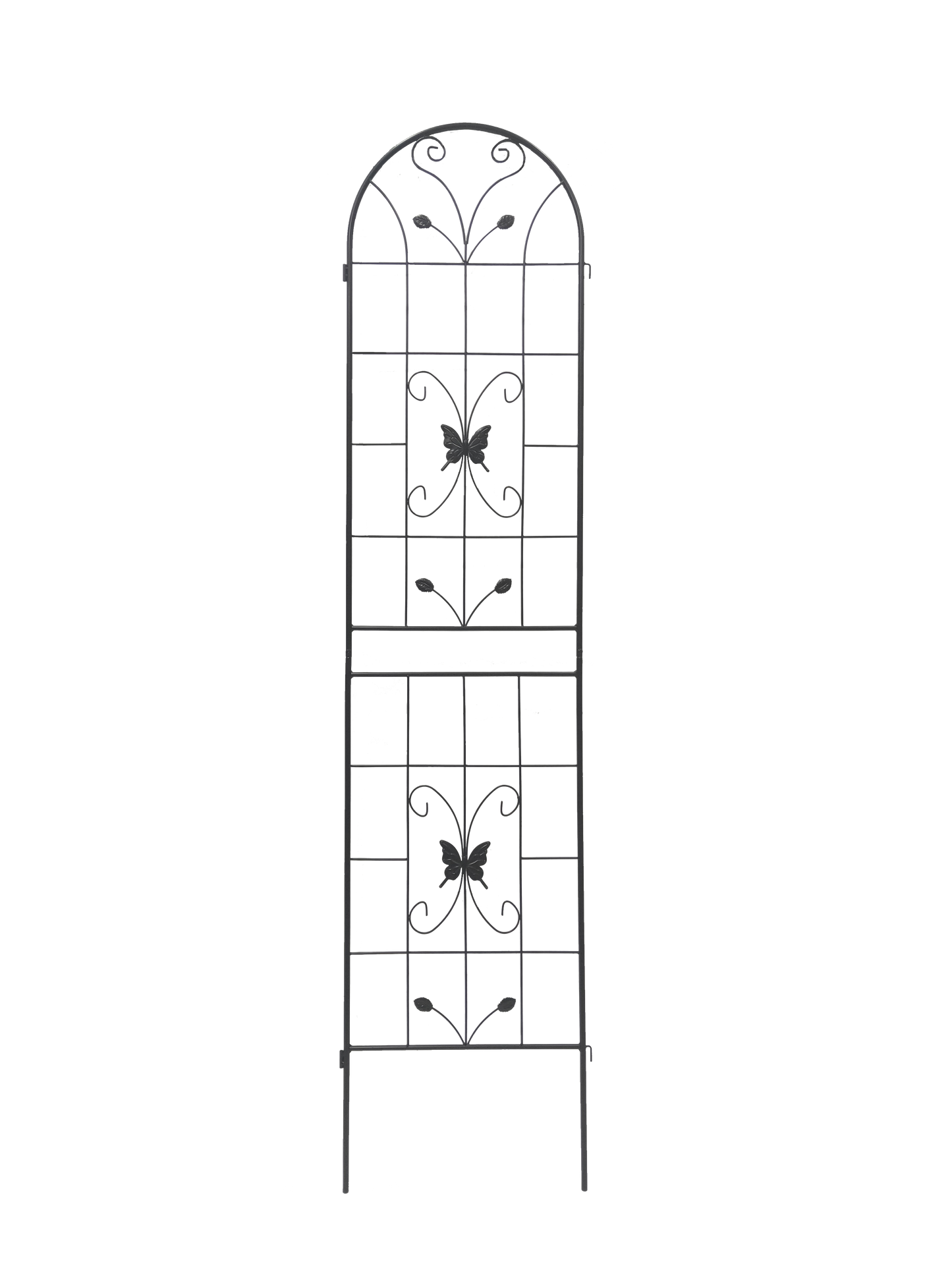 Black metal garden trellis with arched top and butterfly design