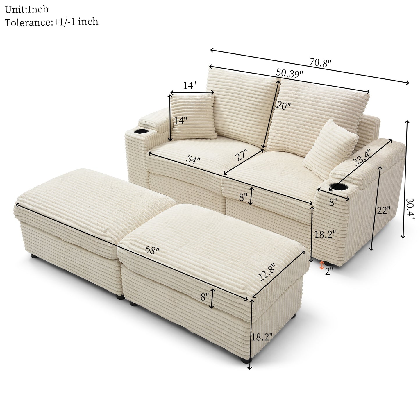 Cream corduroy sectional sofa with two ottomans featuring cup holders
