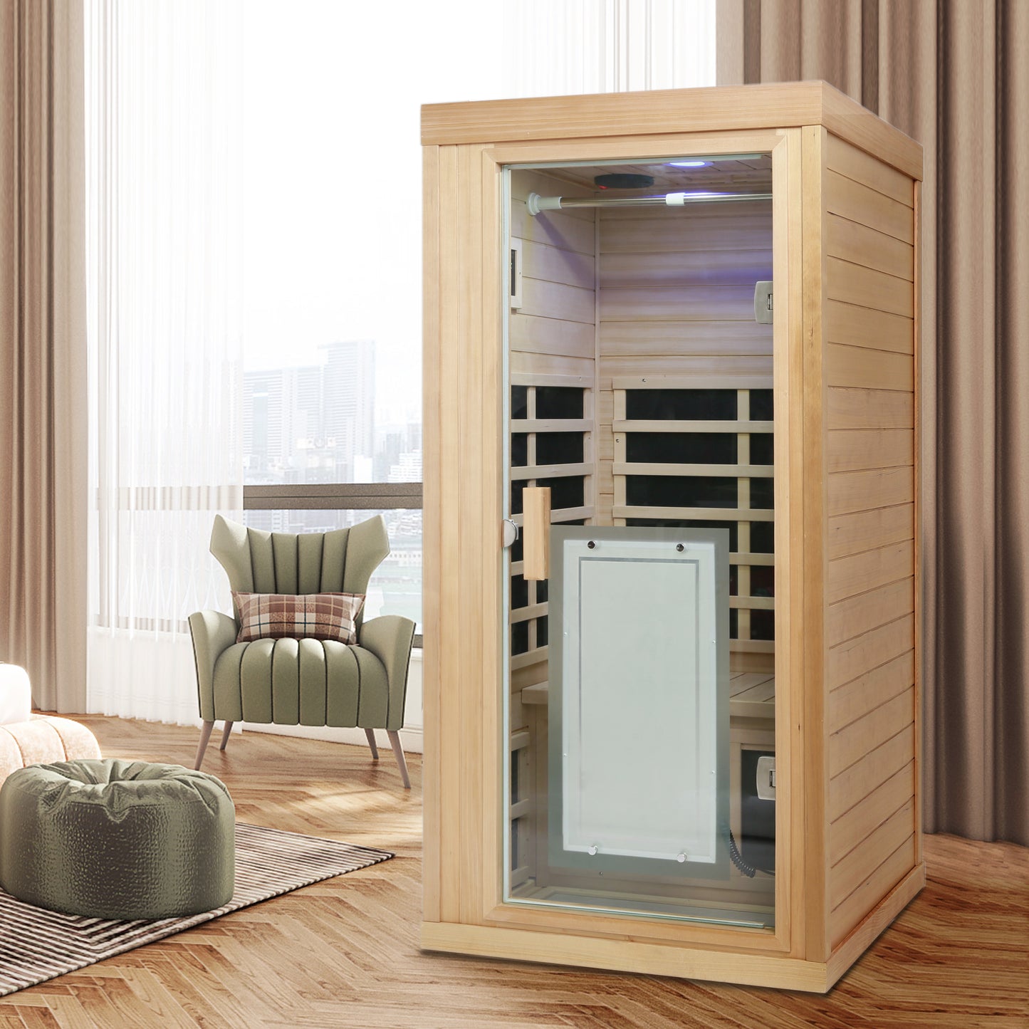 Modern cedar wood infrared sauna cabin with glass door for home spa use