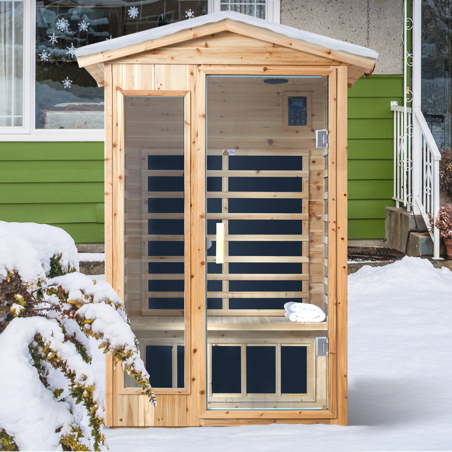Wooden infrared sauna cabin with glass door and digital control panel for home use
