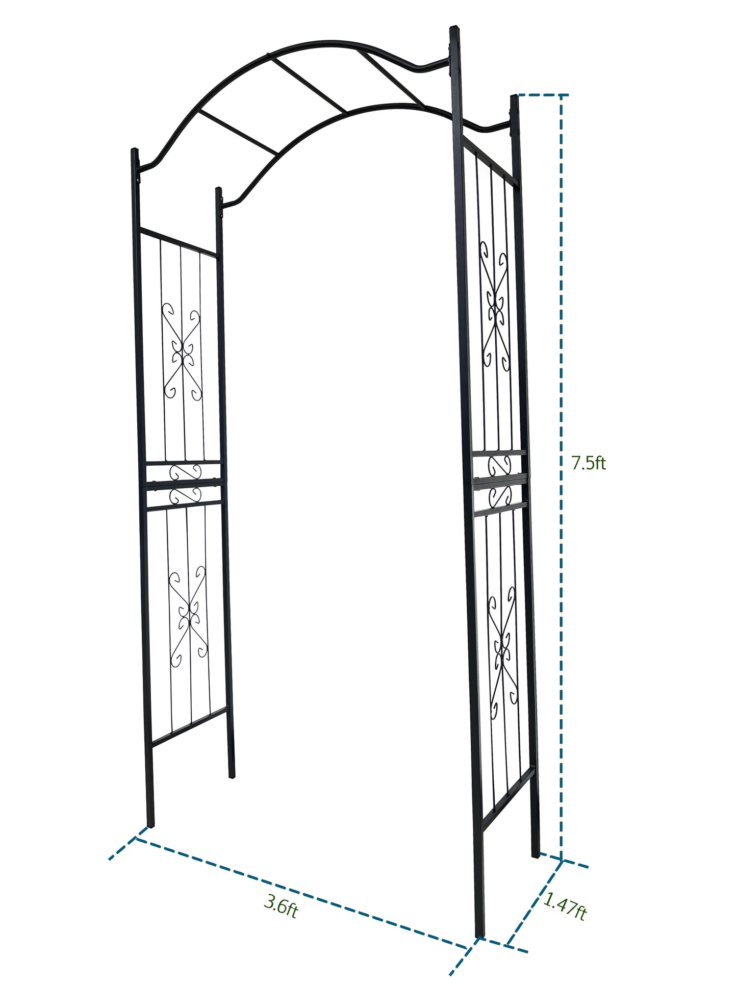 Black wrought iron garden arch with decorative scrollwork ft height