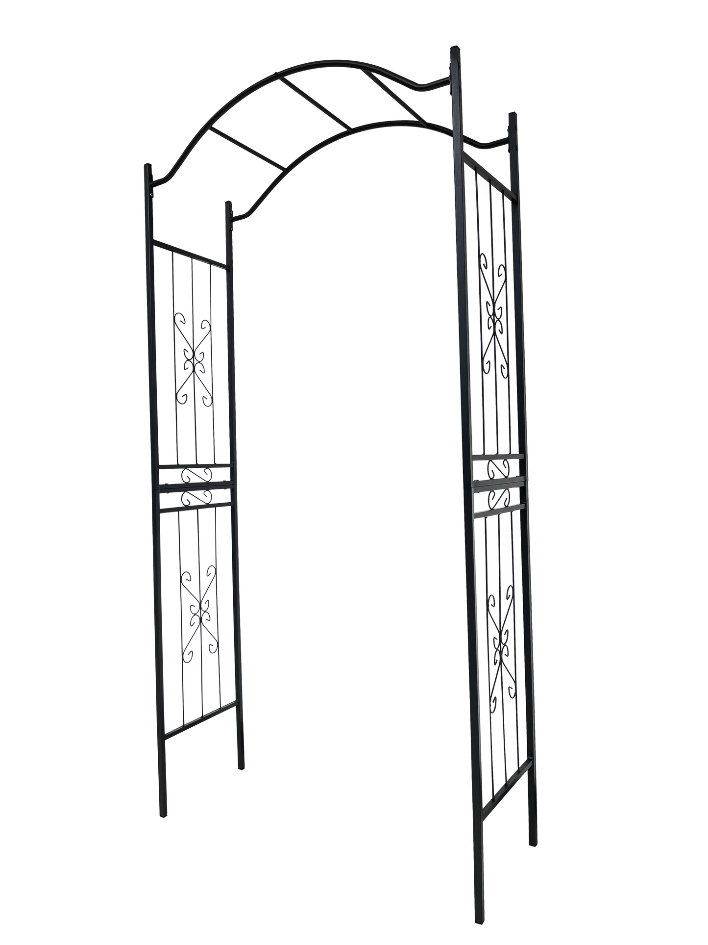 Black metal garden arch with decorative scrollwork on panels