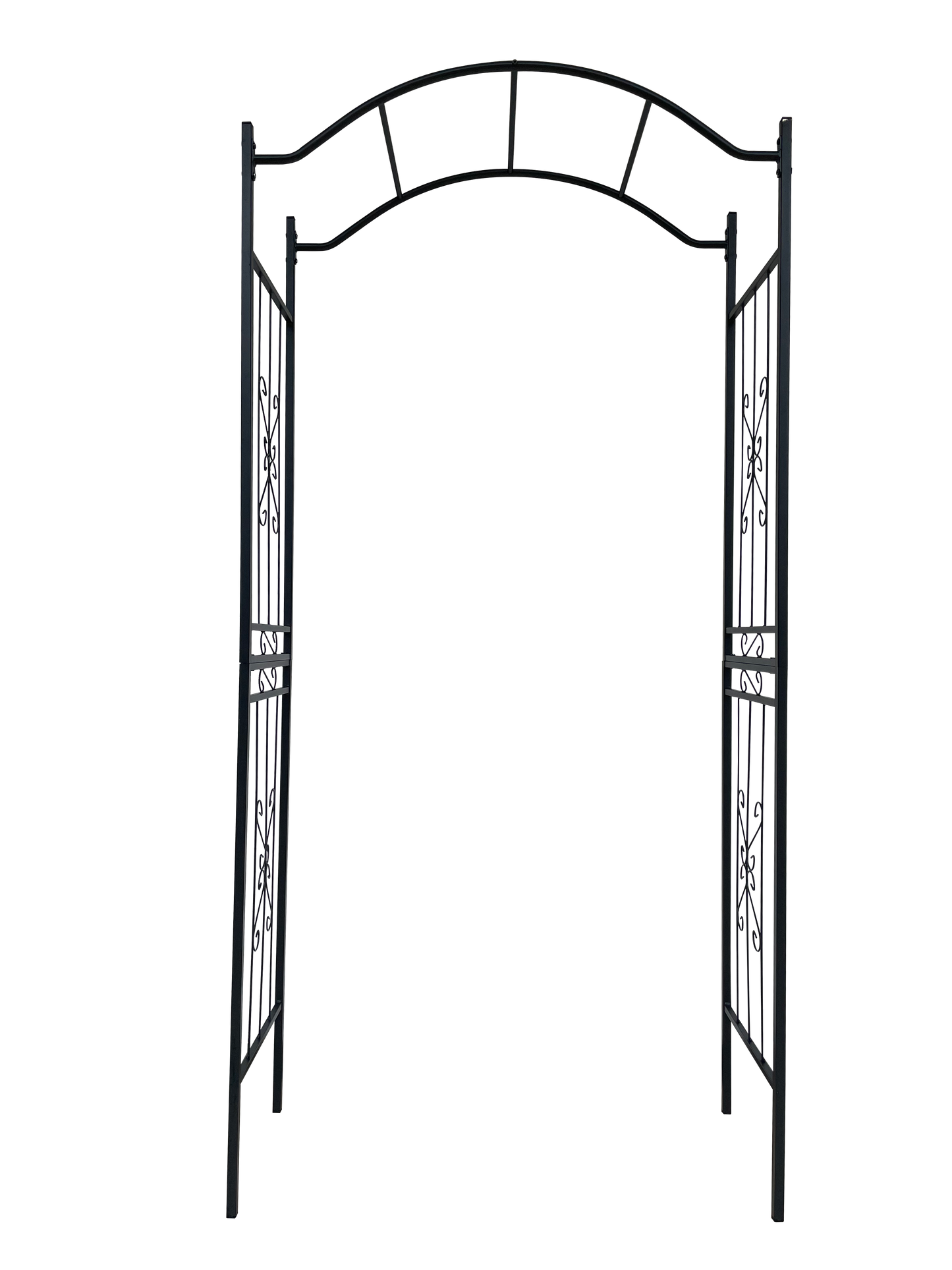 Ornate black metal garden arch with decorative scrollwork and diamond accents for a grand entrance