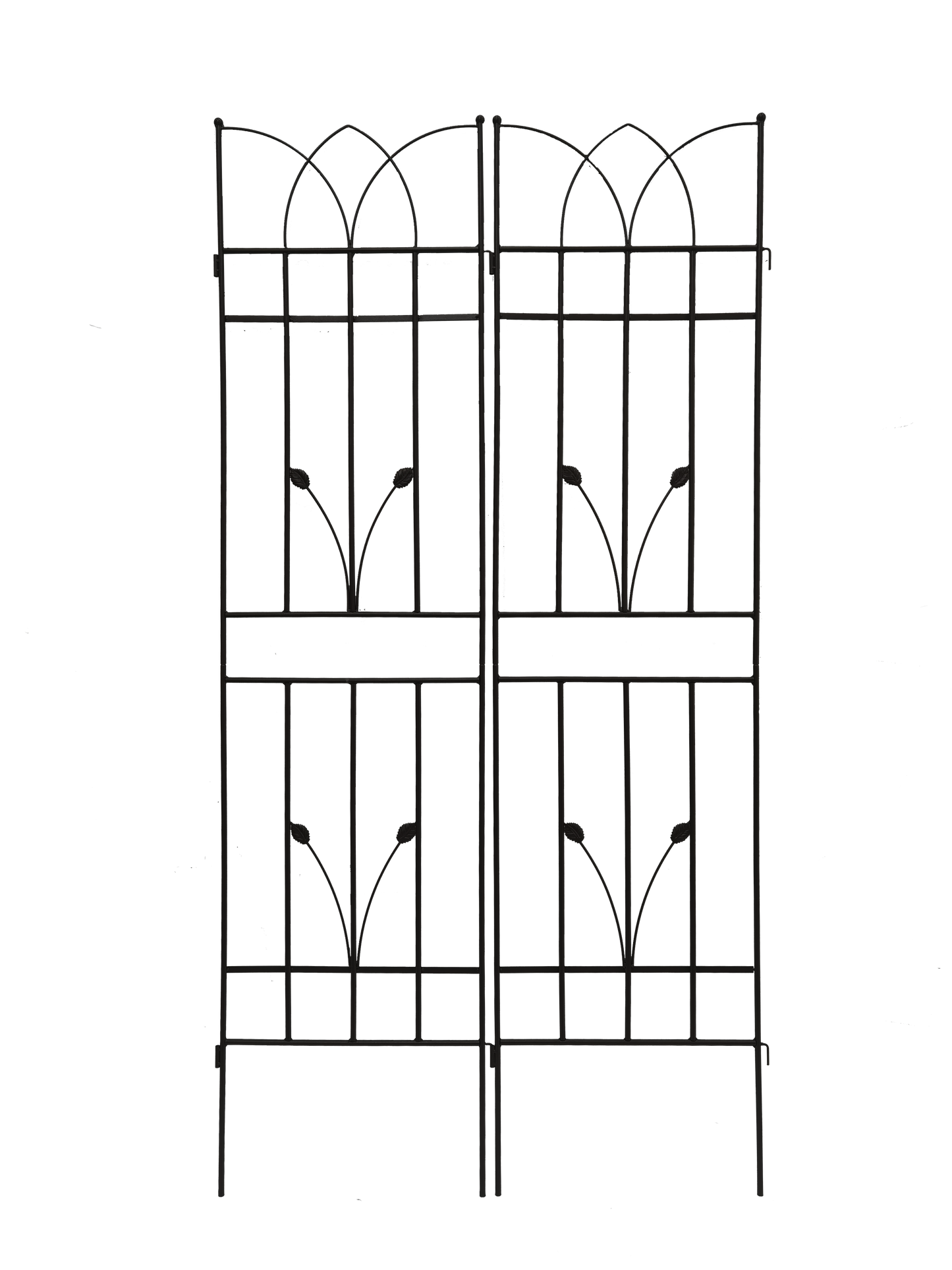 Black metal garden gate with arched top and floral accents